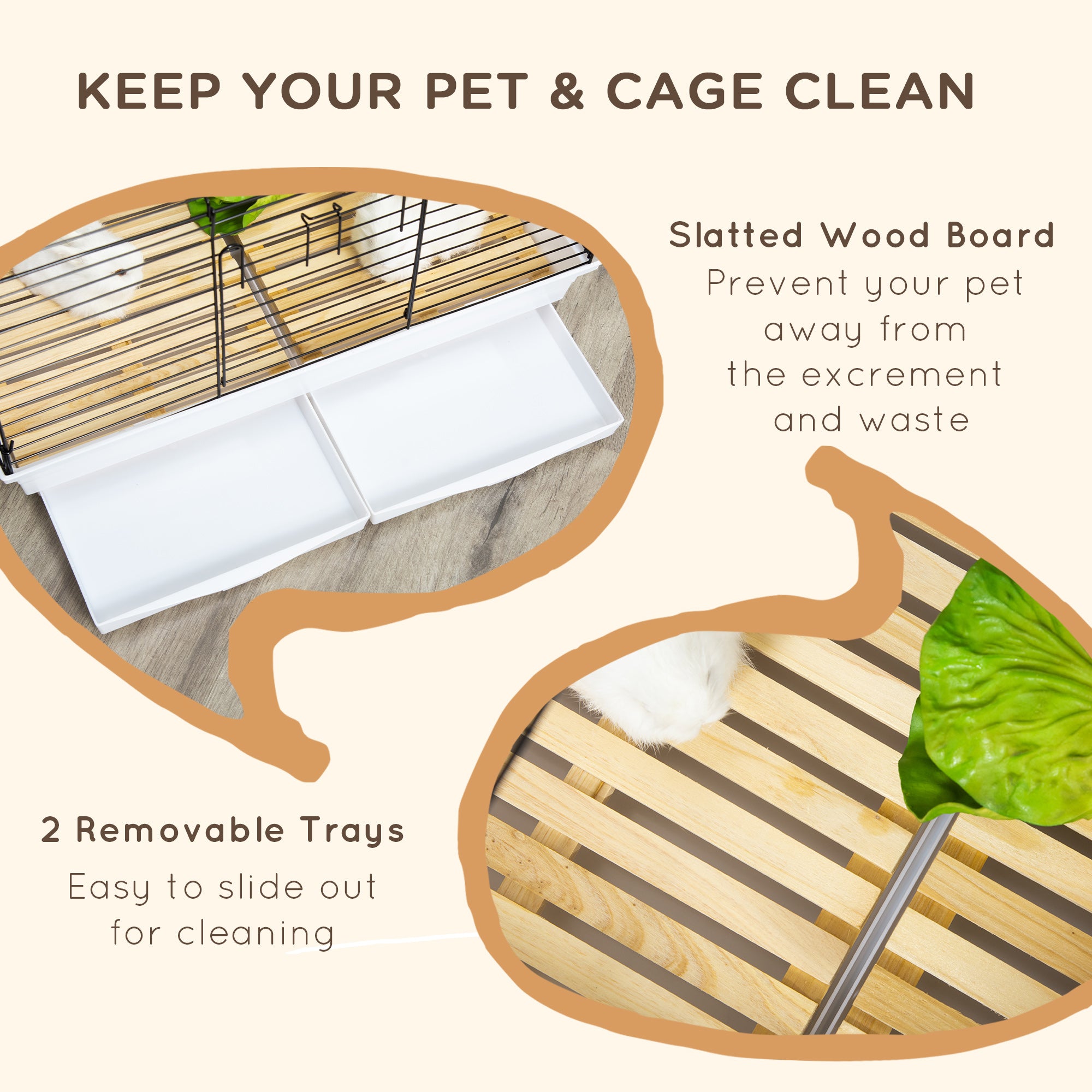 Indoor Small Animal Cage with Wood Floor, Bunny Guinea Pig House with Removable Tray, 61.5 x 38 x 40 cm, White