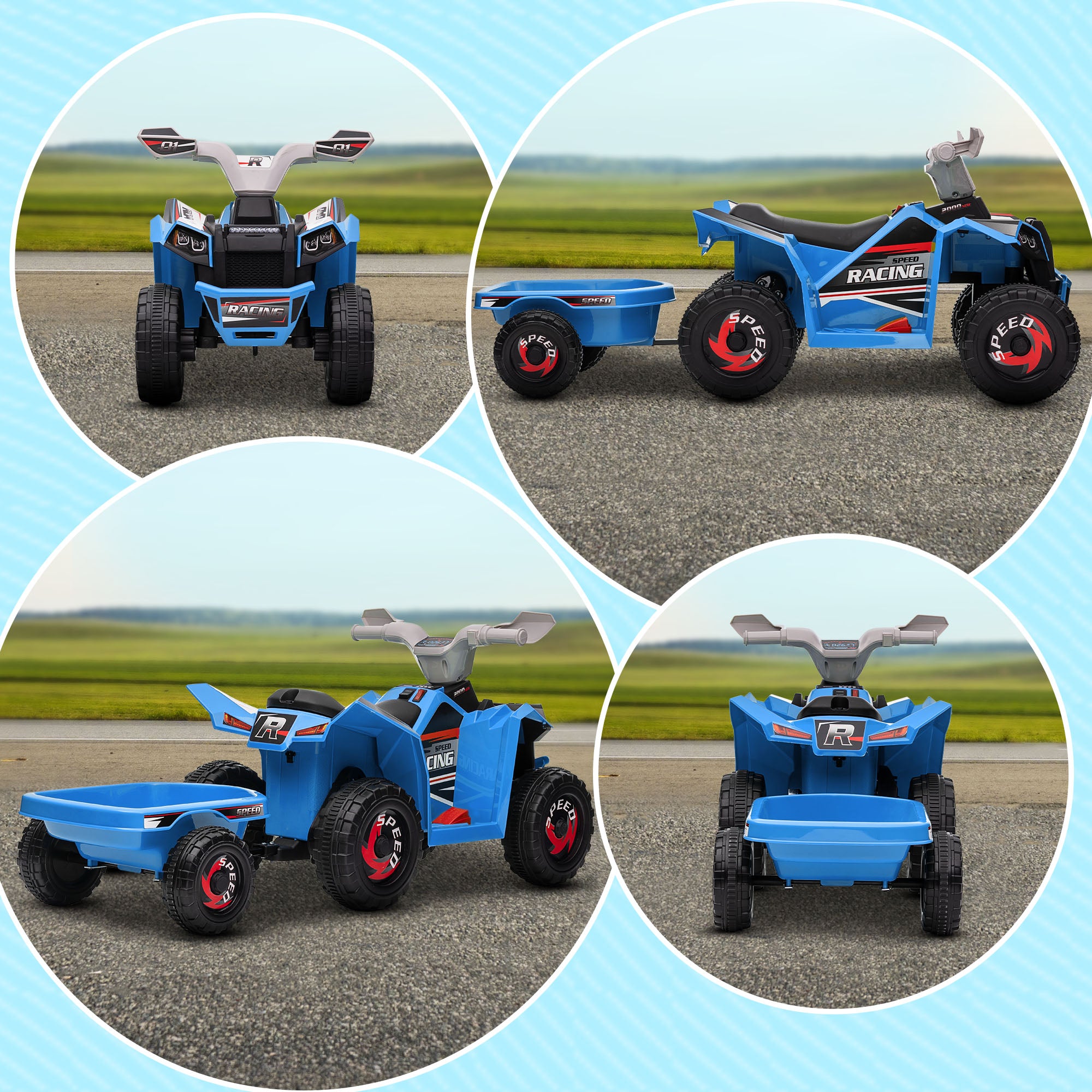 6V Quad Bike with Back Trailer, Wear-Resistant Wheels, for Ages 18-36 Months, Blue