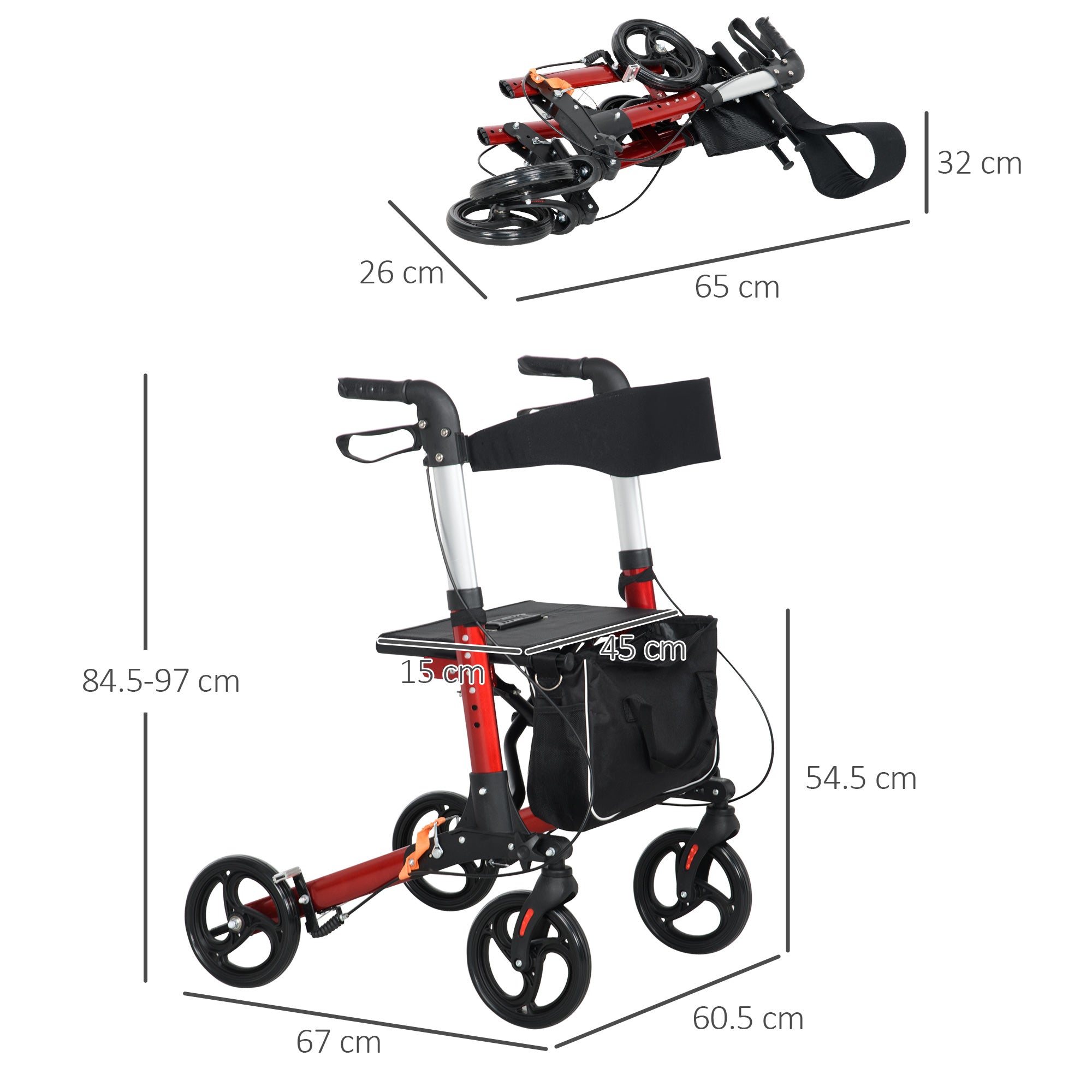 Folding Rollator Walker w/ Seat & Backrest, Lightweight Walking Frame w/ Adjustable Handle Height, 4 Wheeled Walker, Red