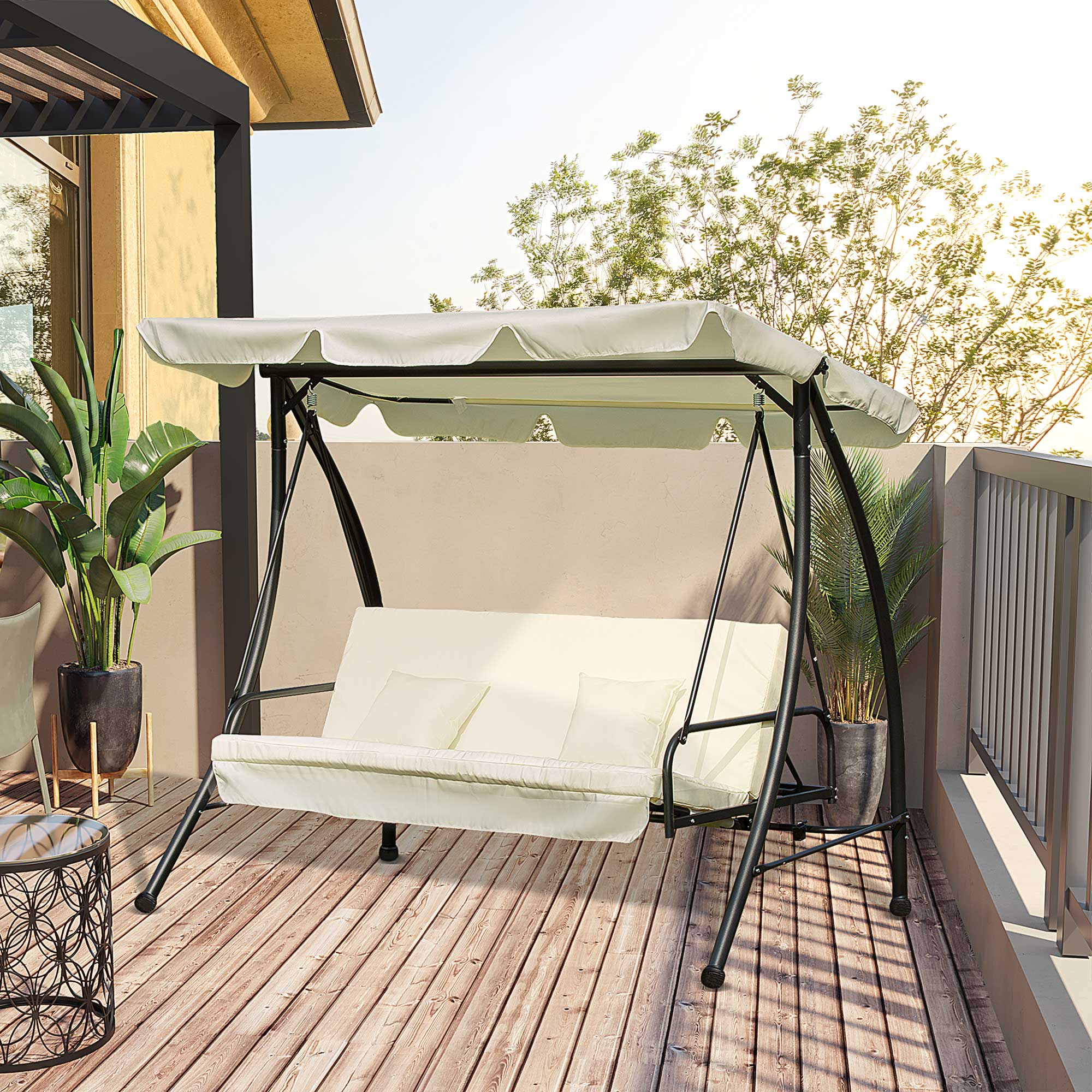 3 Seater Swing Chair 2-in-1 Hammock Bed Patio Garden Chair with Adjustable Canopy and Cushions, Cream White