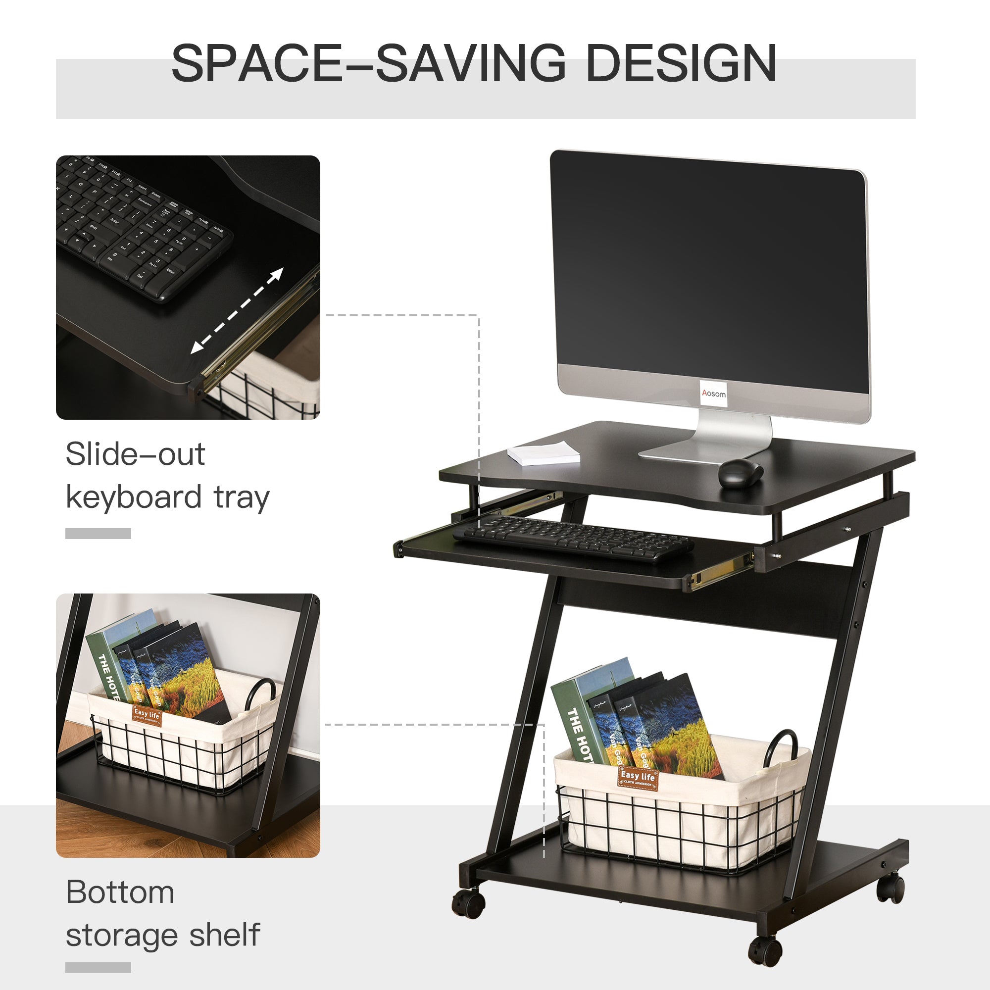 Movable Compact Small Computer Desk with 4 Moving Wheels Sliding Keyboard Tray Home Office Gaming Study Workstation Black