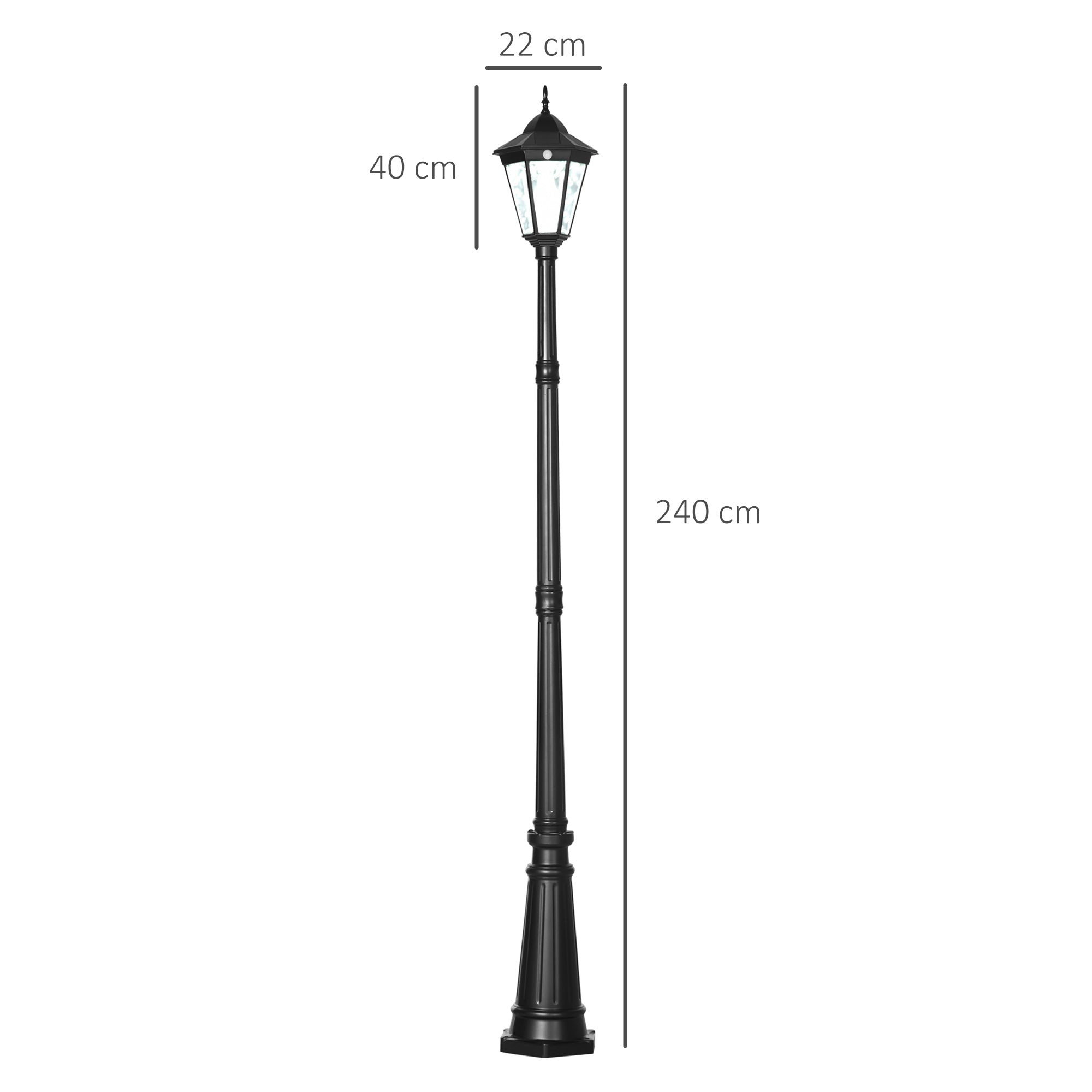 2.4 m Garden Lamp Post Light, LED Solar Powered Patio Path Lighting Lamp with Aluminium Frame, PIR Motion Sensor for Lawn, Pathway, Black