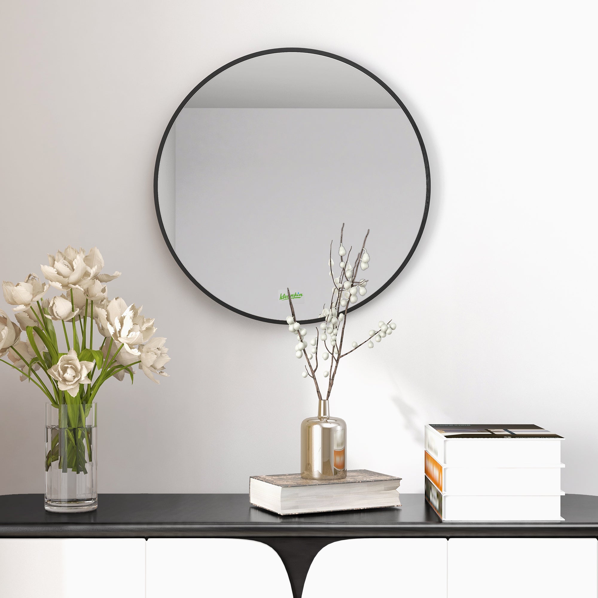 Round Bathroom Mirror, Modern Wall-mounted Makeup Mirror with Aluminium Frame for Washroom Living Room, Black, 50x50 cm