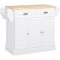 Kitchen Island Rolling Serving Cart with Storage Drawer, Cabinet & Rubber Wood Top - White