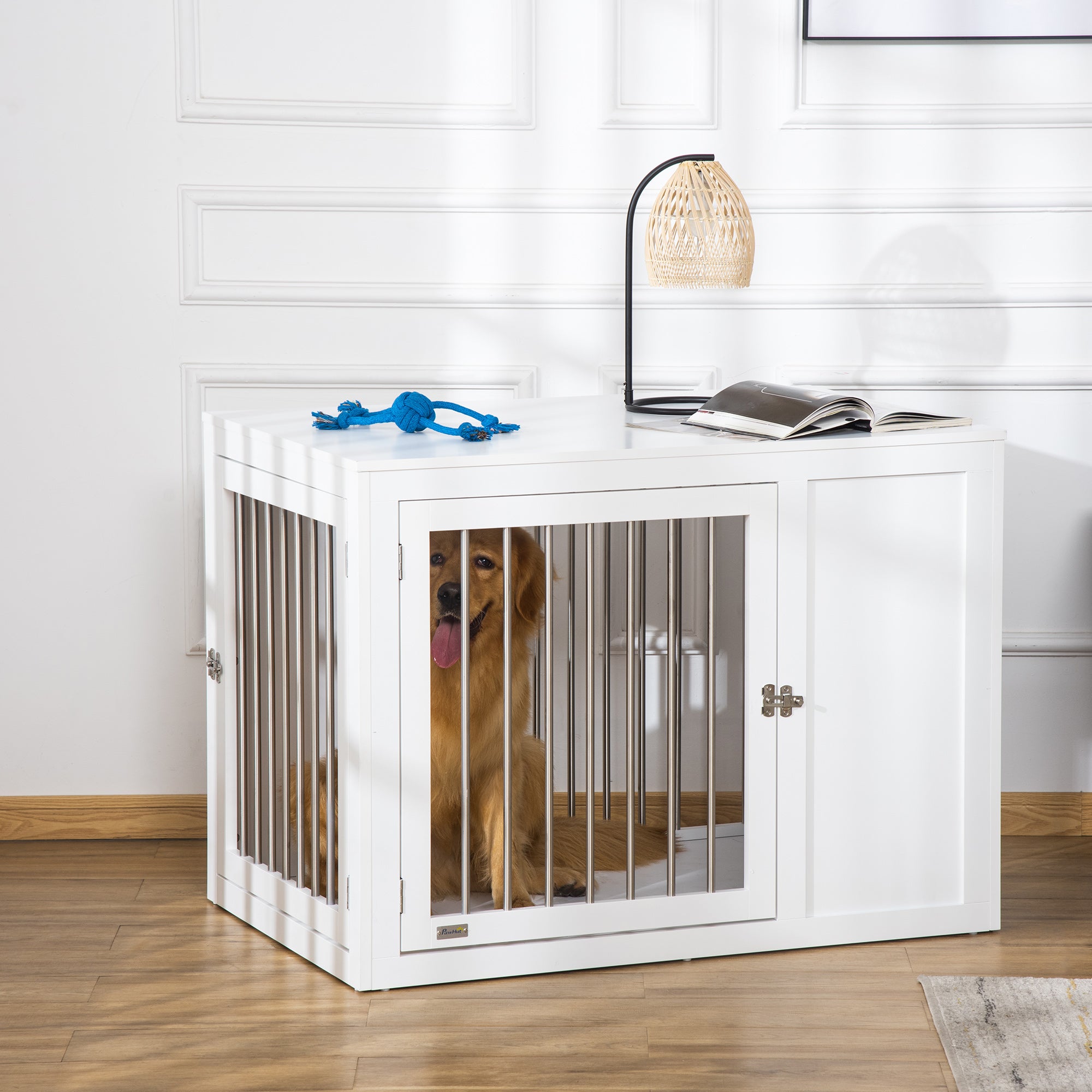 Furniture Style Dog Crate, End Table Pet Cage Kennel, Indoor Decorative Dog House, with Double Doors, Locks, for Medium & Large Dogs, White