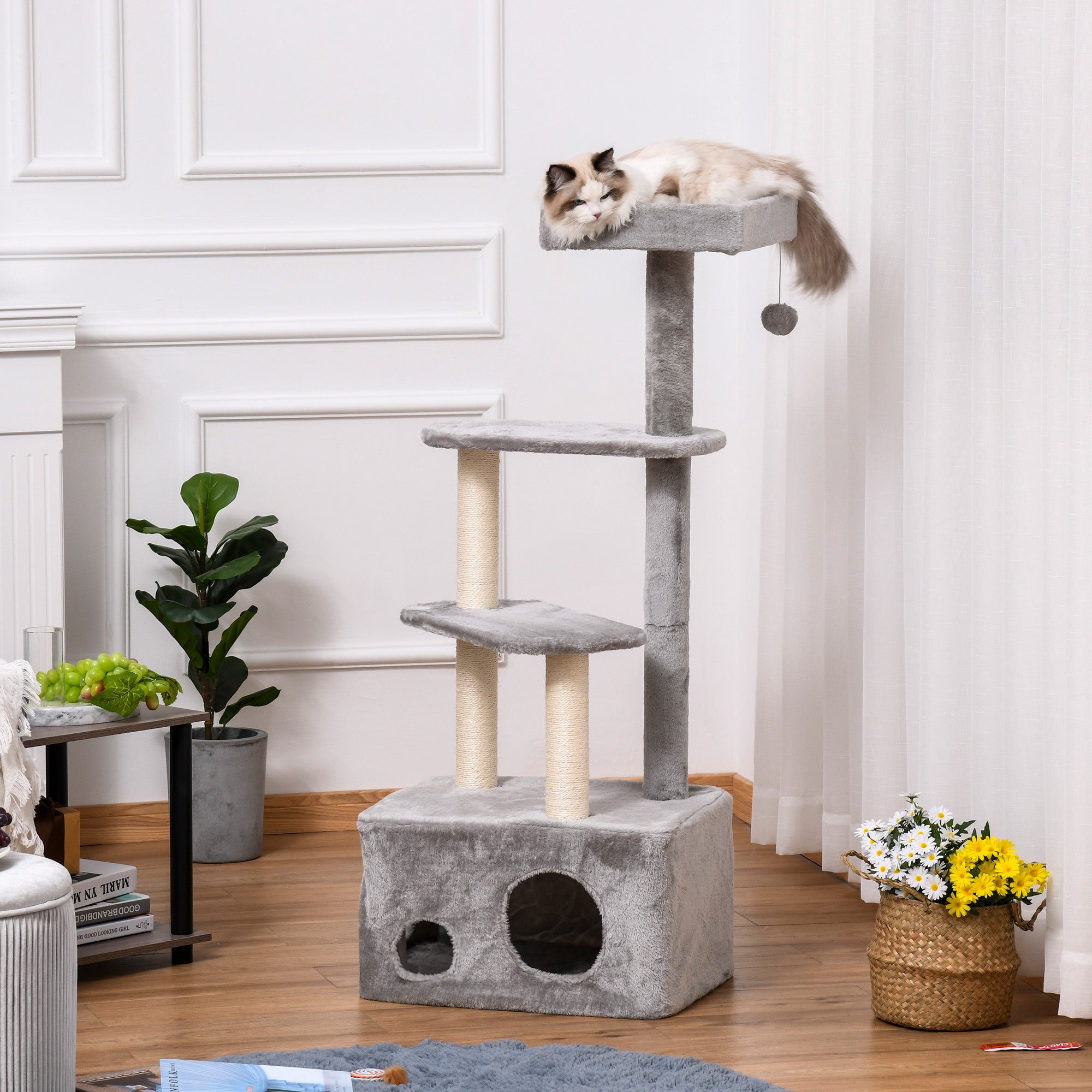 Cat Tree Kitten Tower 4-level Activity Centre Pet Furniture with Sisal Scratching Post Condo Plush Perches Hanging Ball Toys Grey