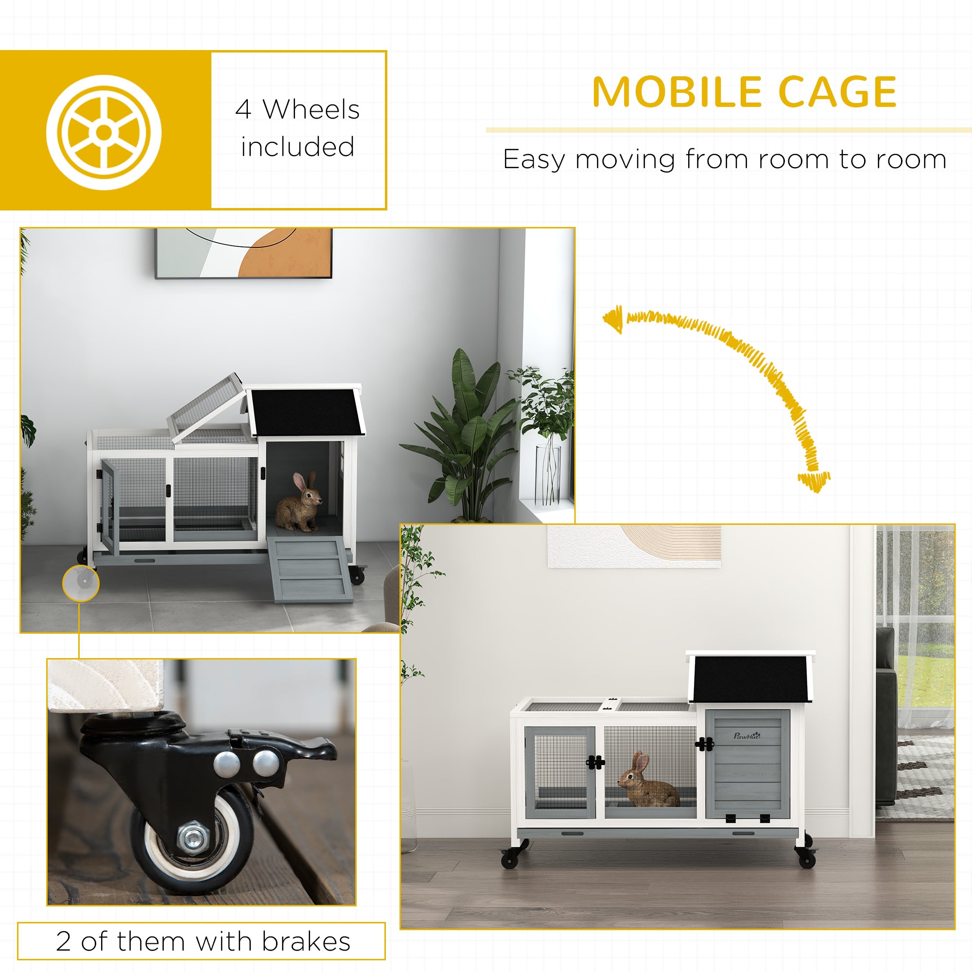 Wooden Rabbit Hutch, Guinea Pig Cage, with Removable Tray, Wheels - Grey