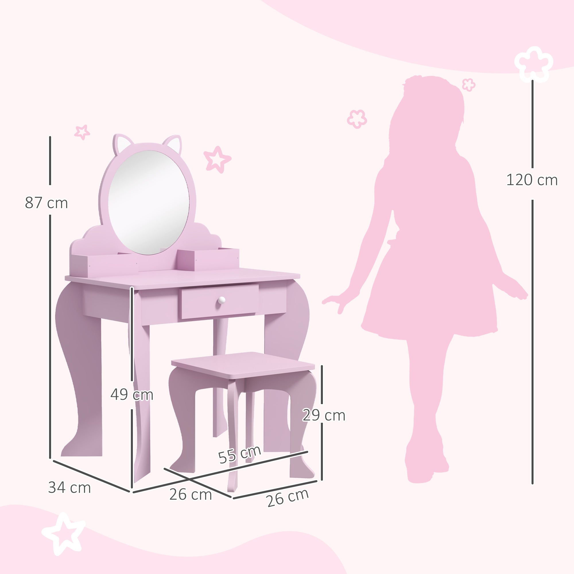 Kids Vanity Table with Mirror and Stool, Cat Design, Drawer, Storage Boxes, for 3-6 Years Old - Pink