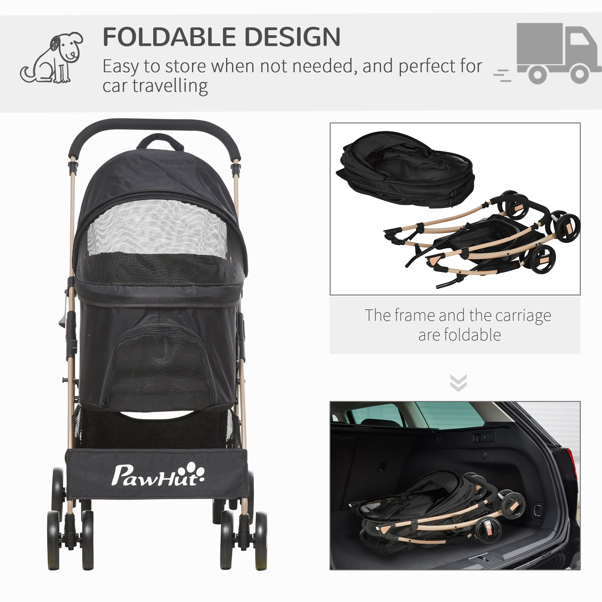 Detachable Pet Stroller with Rain Cover, 3 In 1 Cat Dog Pushchair, Foldable Carrying Bag w/ Universal Wheels, Brake, Canopy, Basket