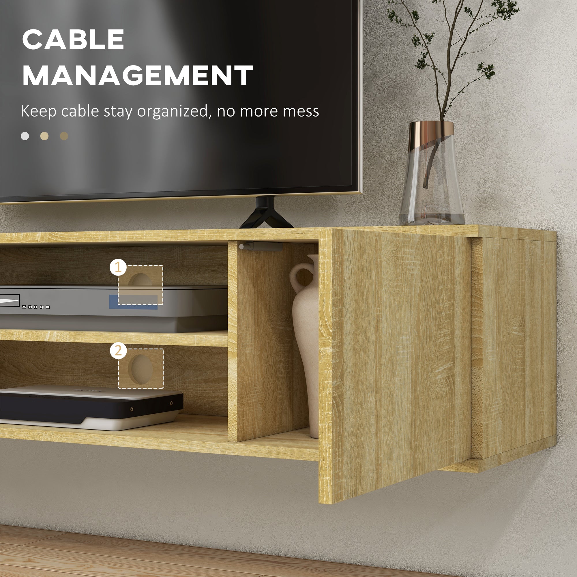 Floating TV Stand Cabinet for TVs up to 60 Inch, Media Entertainment Center with Open Shelf, Storage Cupboard, Natural Wood Effect