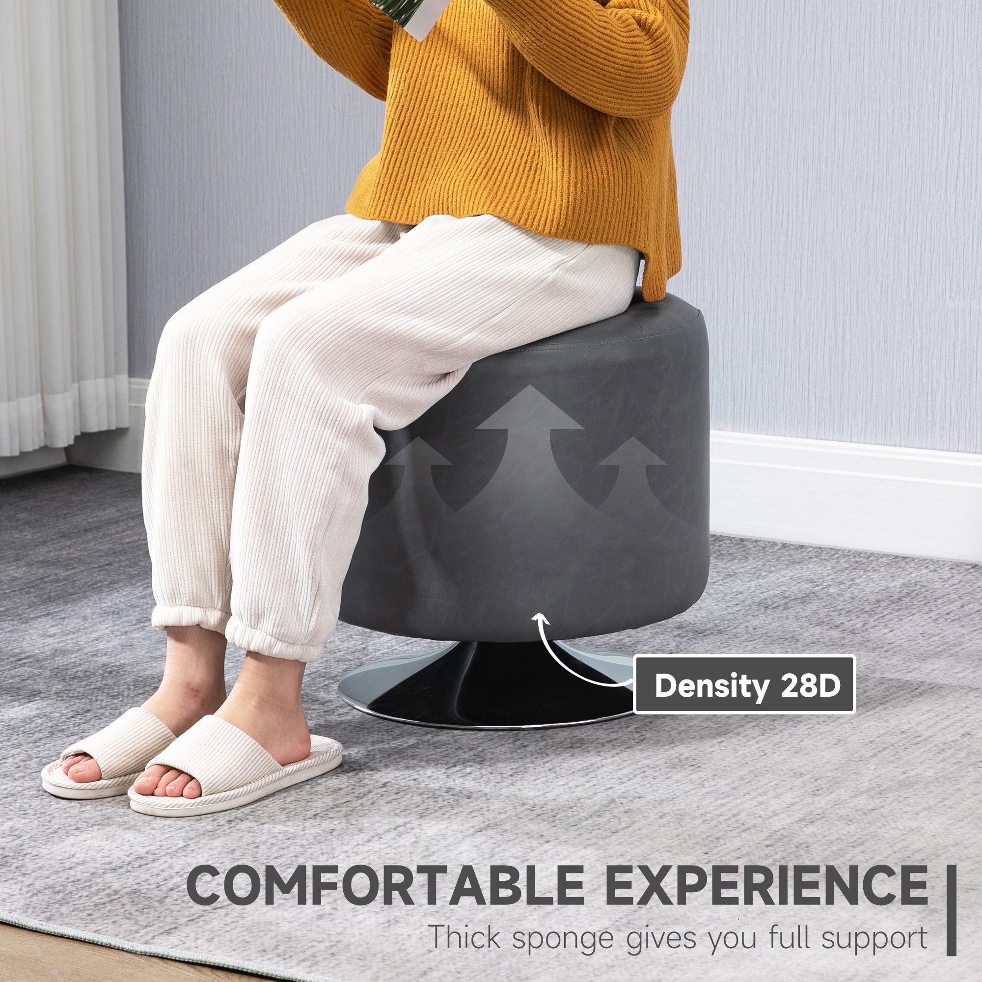 360° Swivel Foot Stool Round PU Ottoman with Thick Sponge Padding and Solid Steel Base, Grey