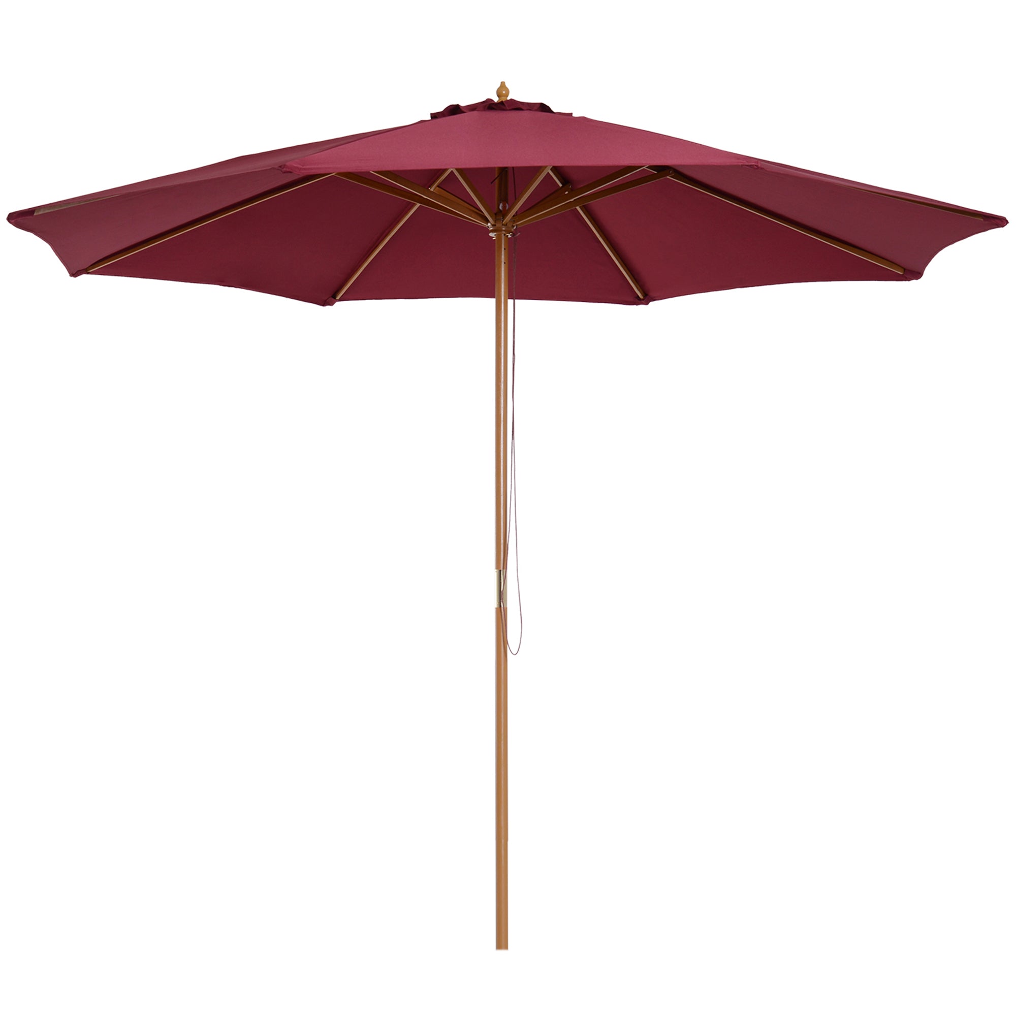 ⌀3m Bamboo Wooden Market Patio Umbrella Garden Parasol Outdoor Sunshade Canopy, 8-ribs,Wine Red