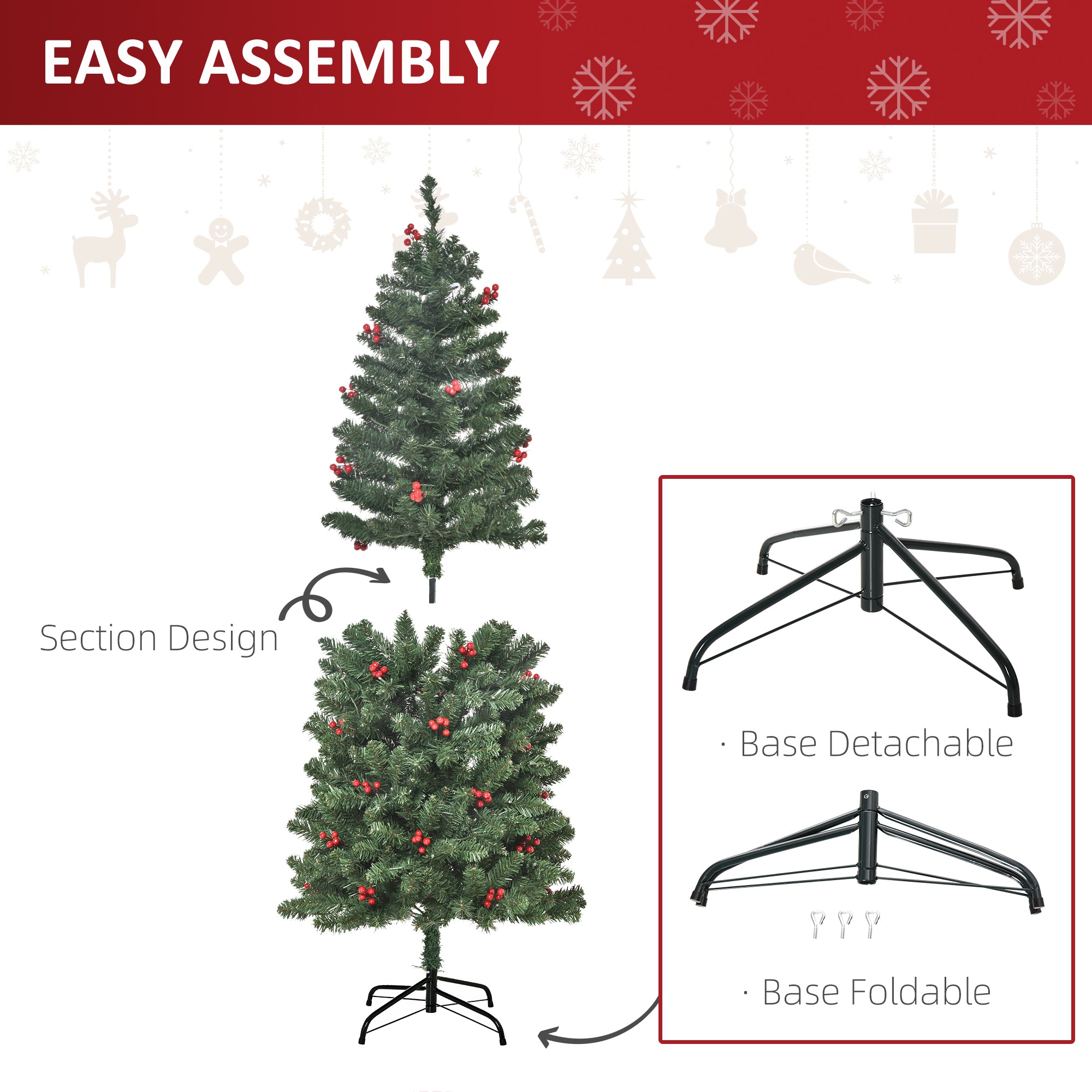 5FT Prelit Artificial Pencil Christmas Tree with Warm White LED Light, Red Berry, Holiday Home Xmas Decoration, Green