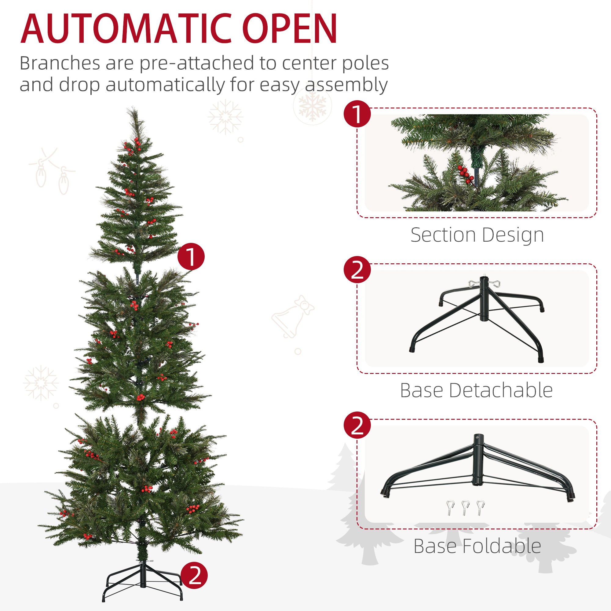 Pencil Artificial Christmas Tree with Realistic Branches, Red Berries, Auto Open, Green