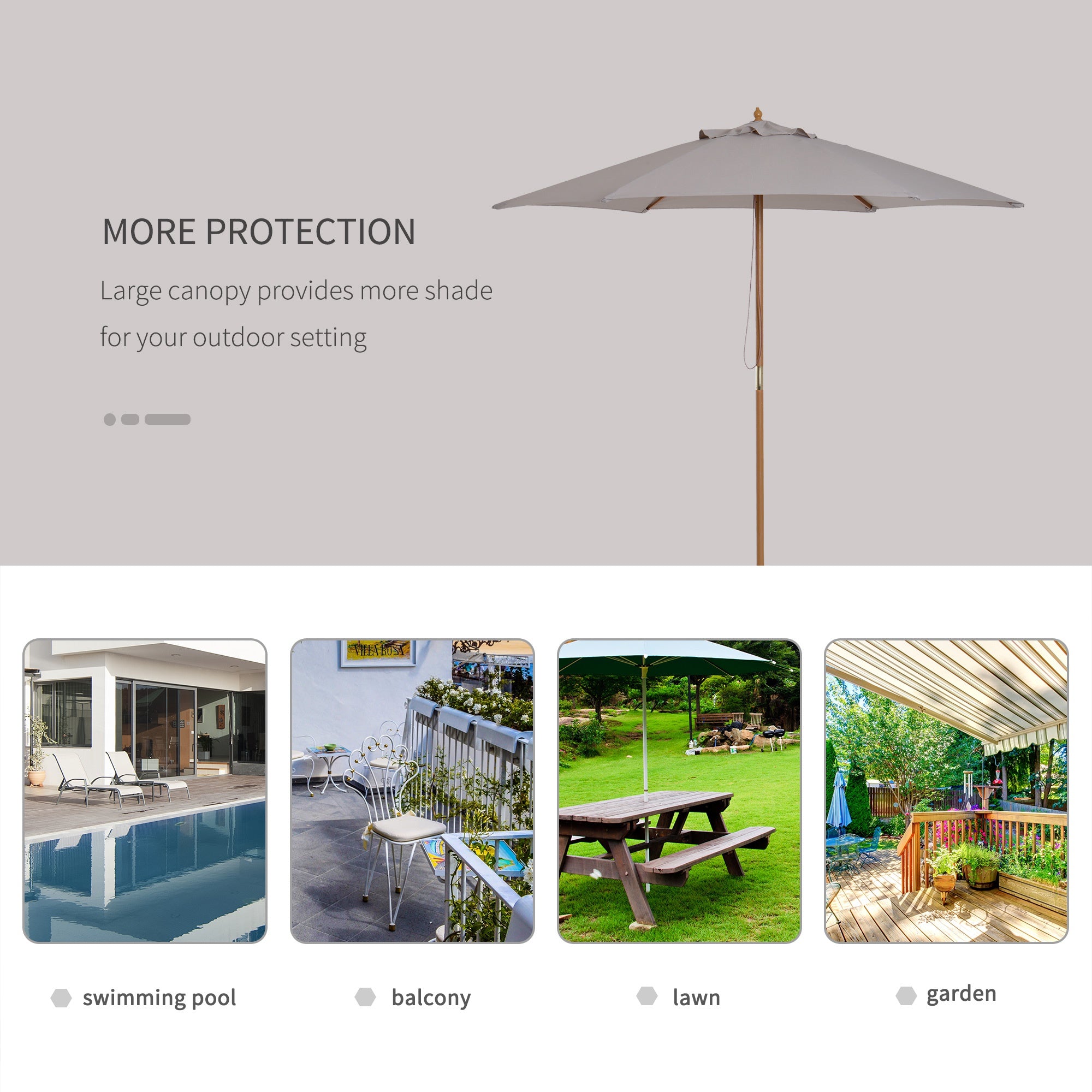 2.5m Wooden Garden Parasol with Ventilated Polyester Canopy - Grey
