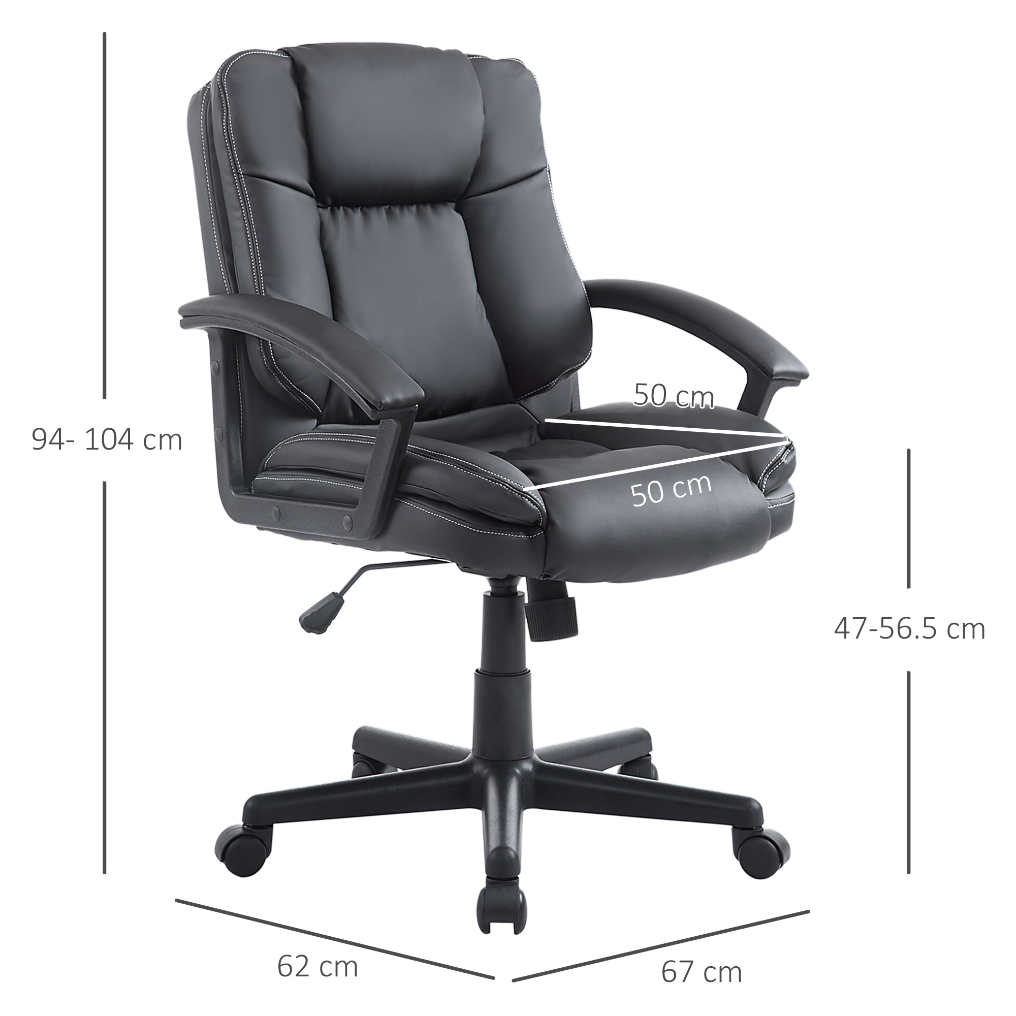 Swivel Executive Office Chair Mid Back Faux Leather Computer Desk Chair for Home with Double-Tier Padding, Arm, Wheels, Black