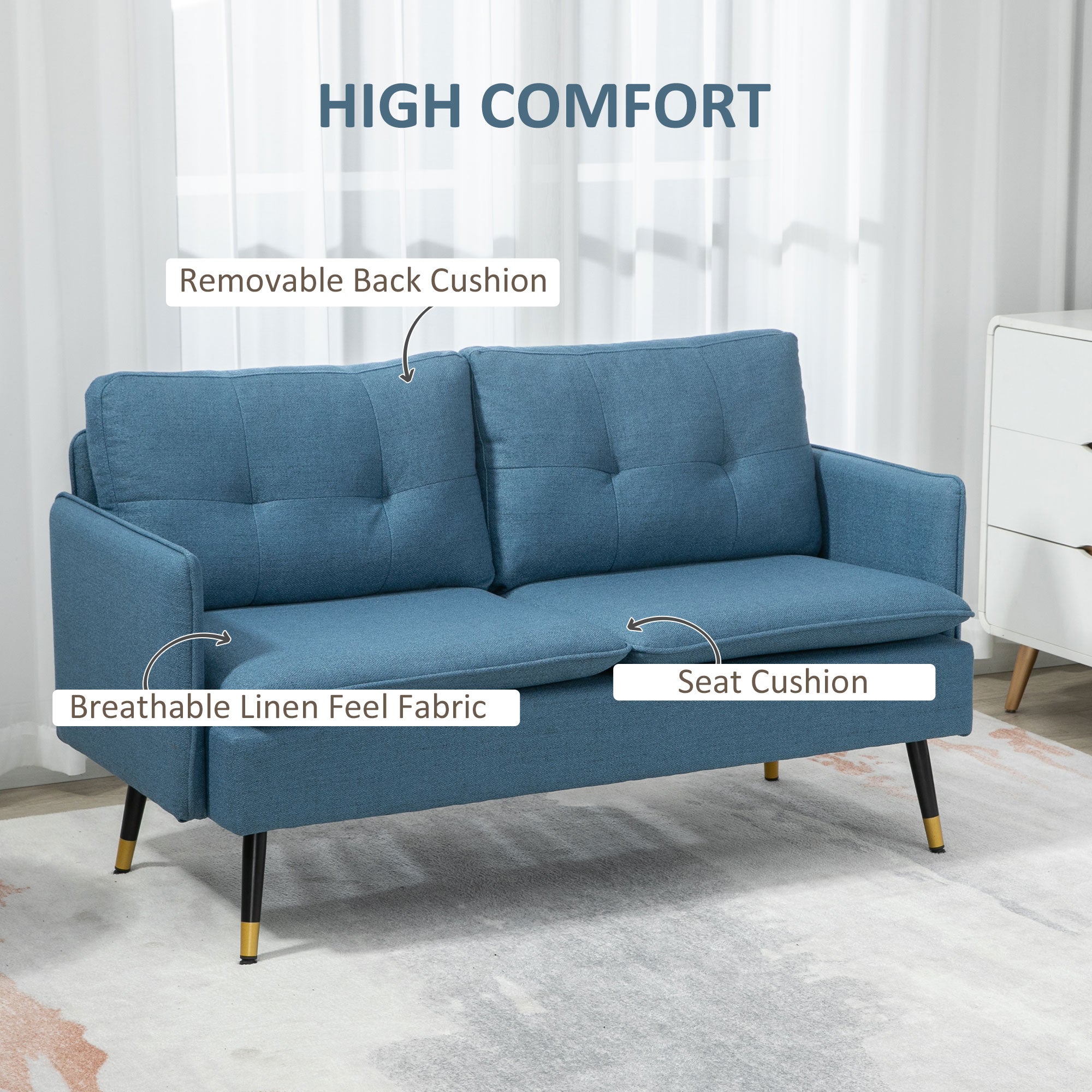 2 Seater Sofas for Living Room, Fabric Couch, Button Tufted Love Seat with Cushions, Dark Blue