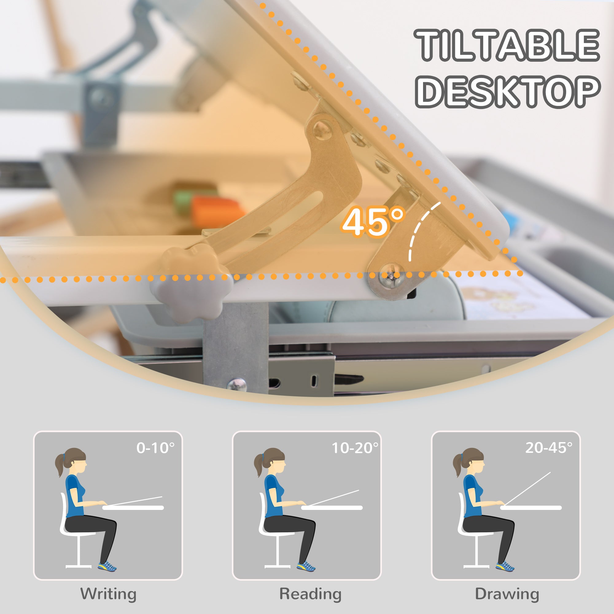 Kids Desk and Chair Set Height Adjustable Student Writing Desk Children School Study Table with Tiltable Desktop, Grey