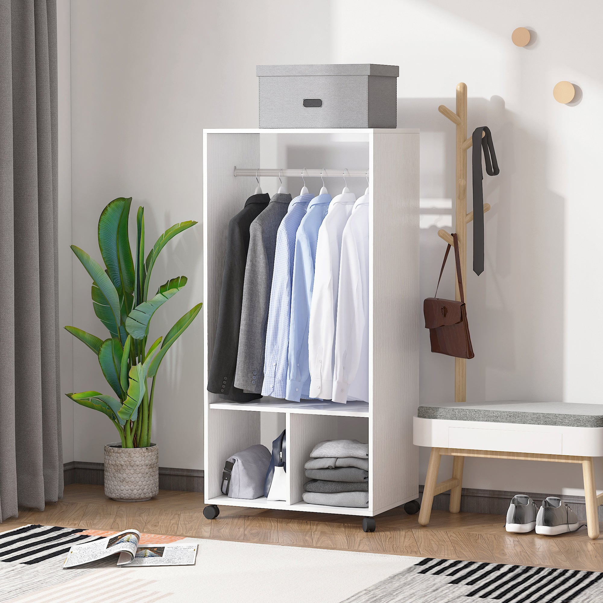 Open Wardrobe with Hanging Rod and Storage Shelves Mobile Garment Rack on Wheels Bedroom, Cloakroom, White