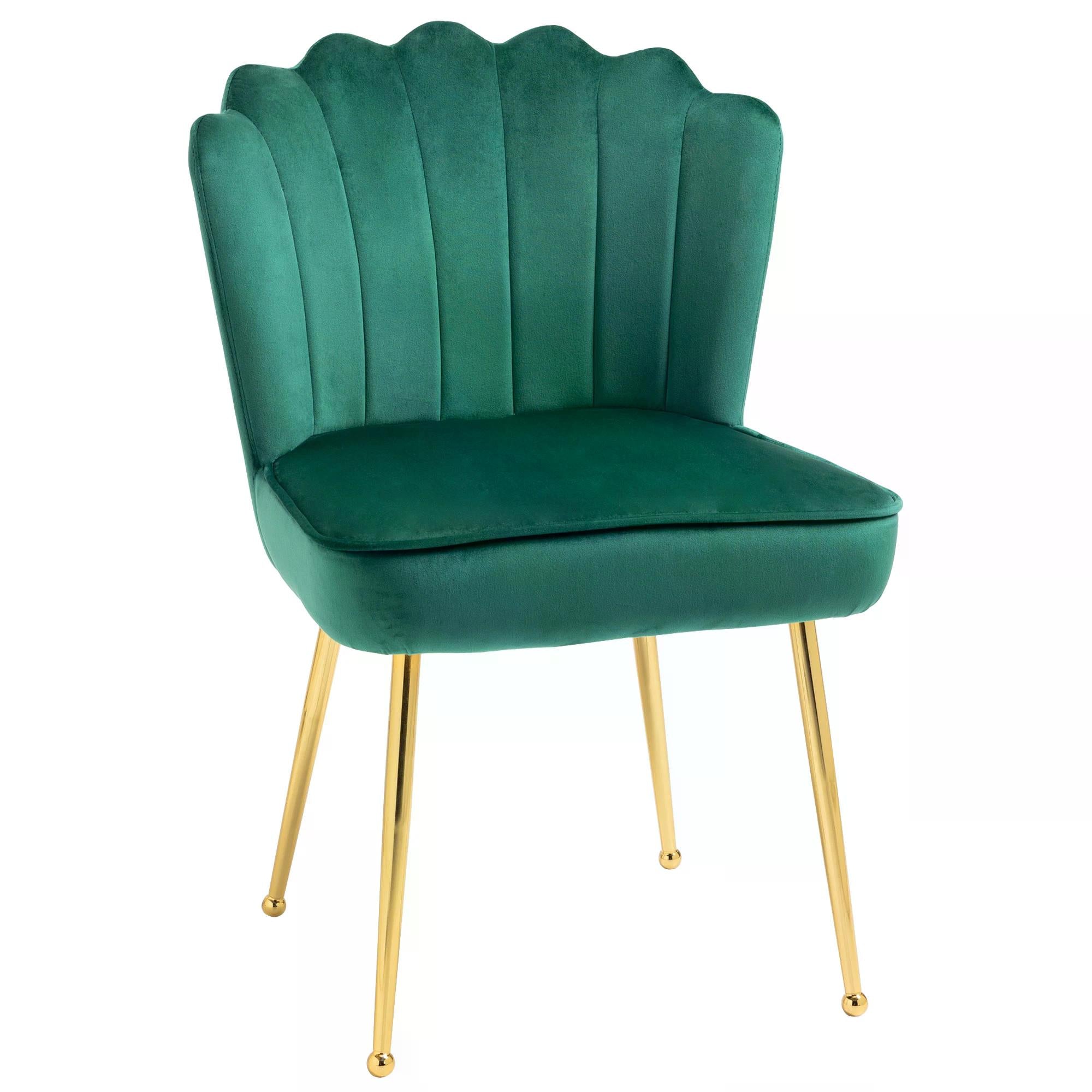 Velvet-Feel Shell Luxe Accent Chair, Glam Vanity Chair Makeup Seat, Home Bedroom Lounge with Metal Legs Comfort Padding, Green