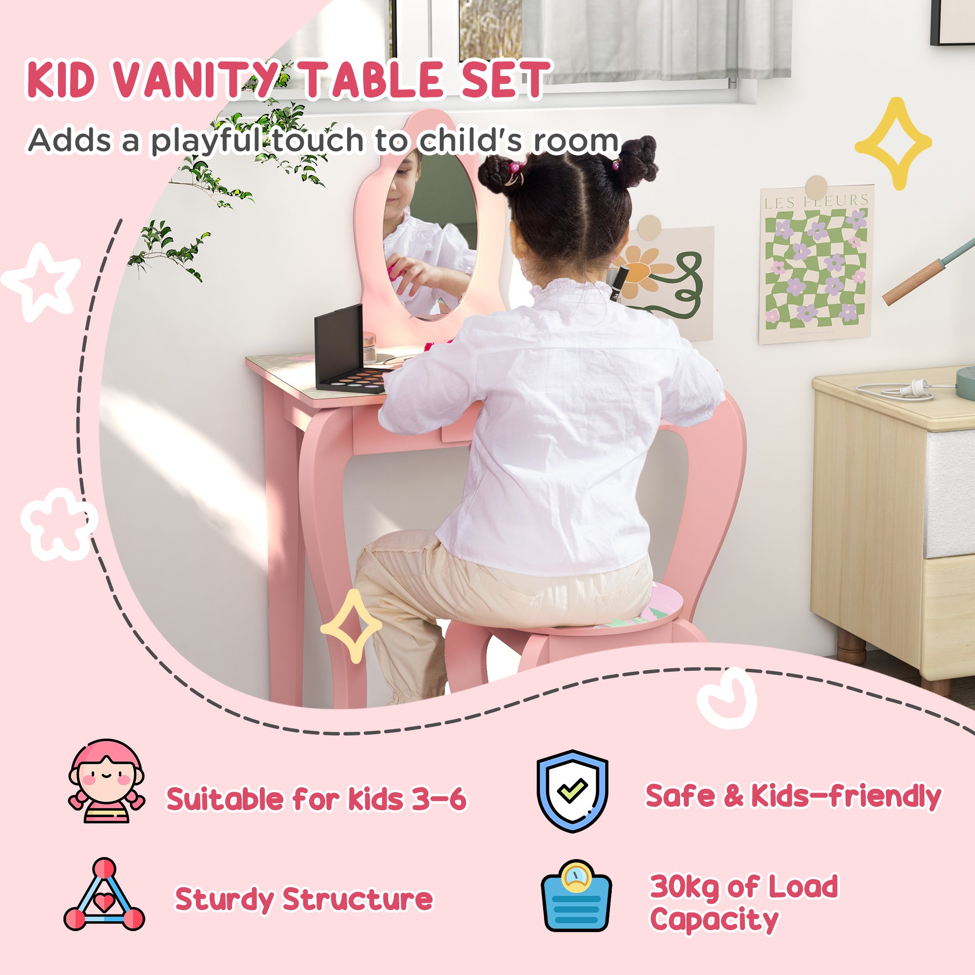 Kids Dressing Table with Mirror and Stool, Girls Vanity Table Makeup Desk with Drawer, Cute Animal Design, for 3-6 Years - Pink