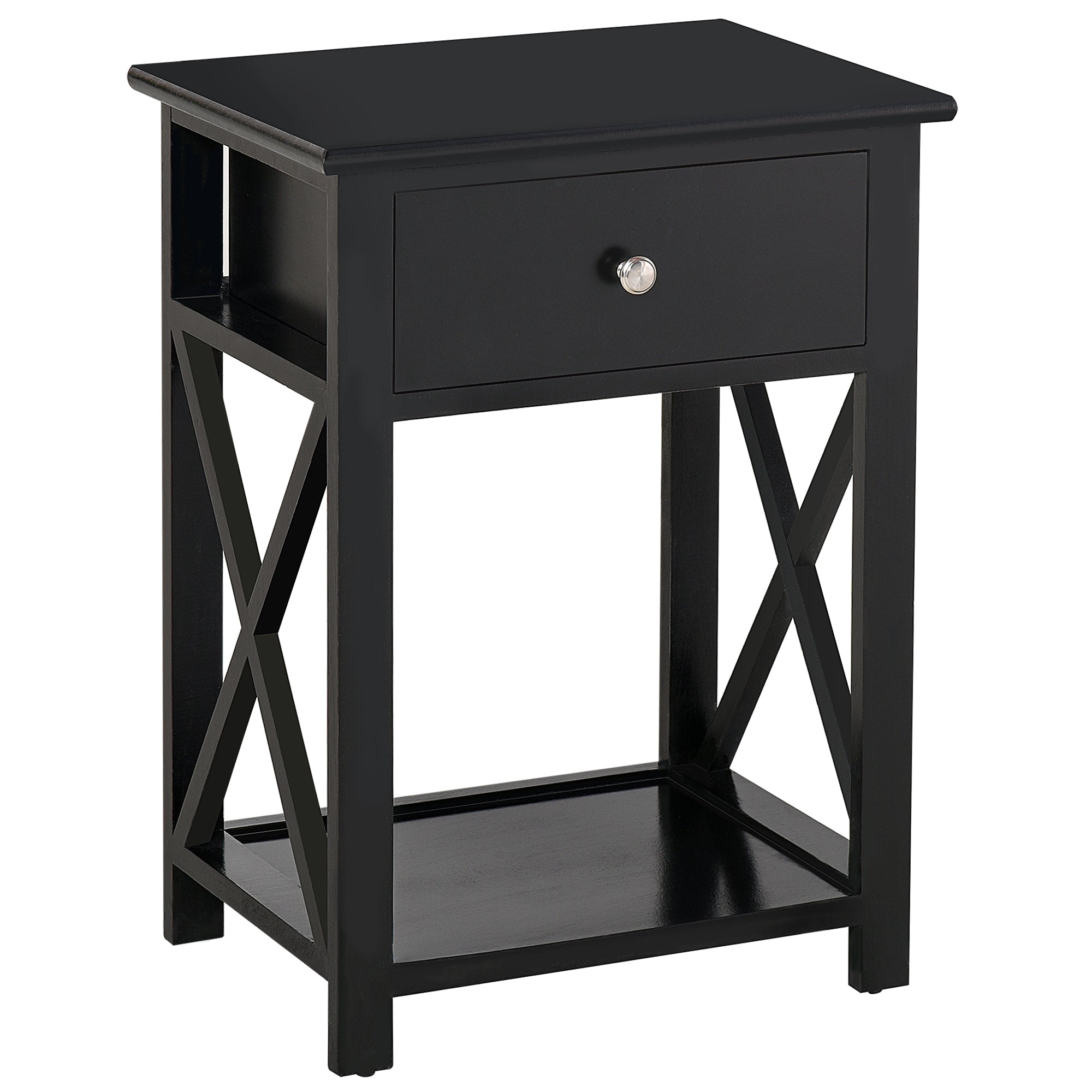 Traditional Accent End Table With 1 Drawer,X Bar Bottom Storage Shelf, for Living Room Bedroom Room 40L x 30W x 55H cm - Black