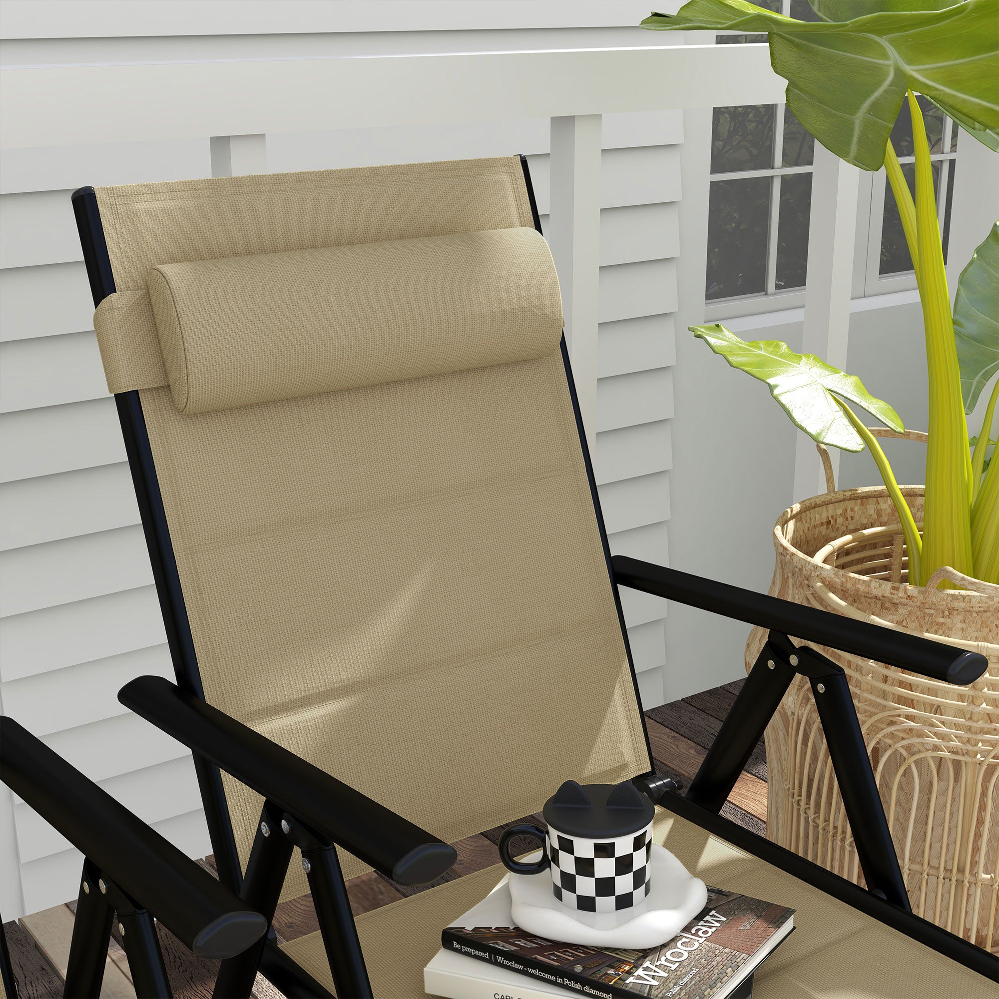 Set of 2 Patio Folding Chairs w/ Adjustable Back, Garden Dining Chairs w/ Breathable Mesh Fabric Padded Seat, Backrest, Headrest, Khaki