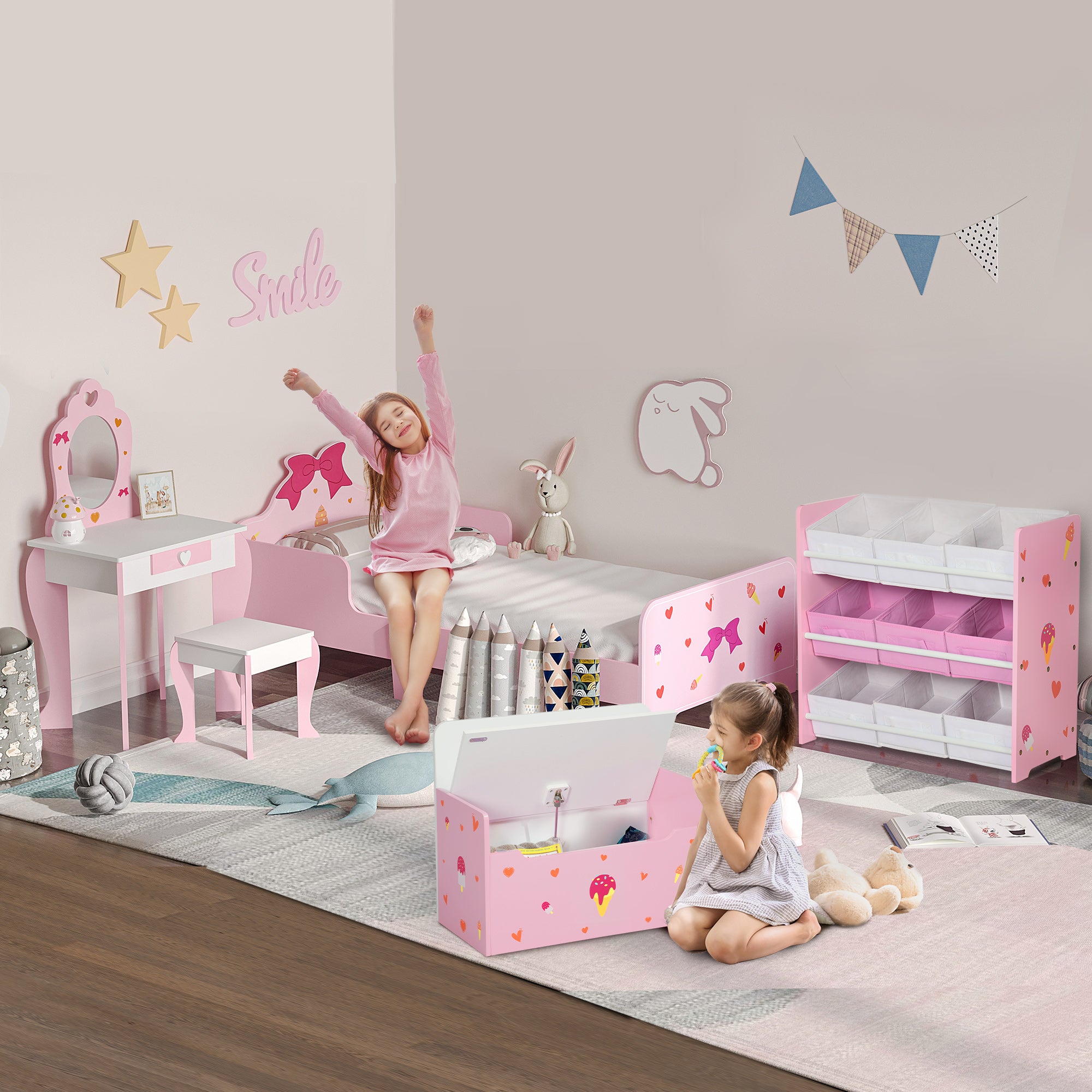 5PCs Kids Bedroom Furniture Set with Bed, Toy Box Bench, Storage Unit, Dressing Table and Stool, Princess Themed, for 3-6 Years Old, Pink