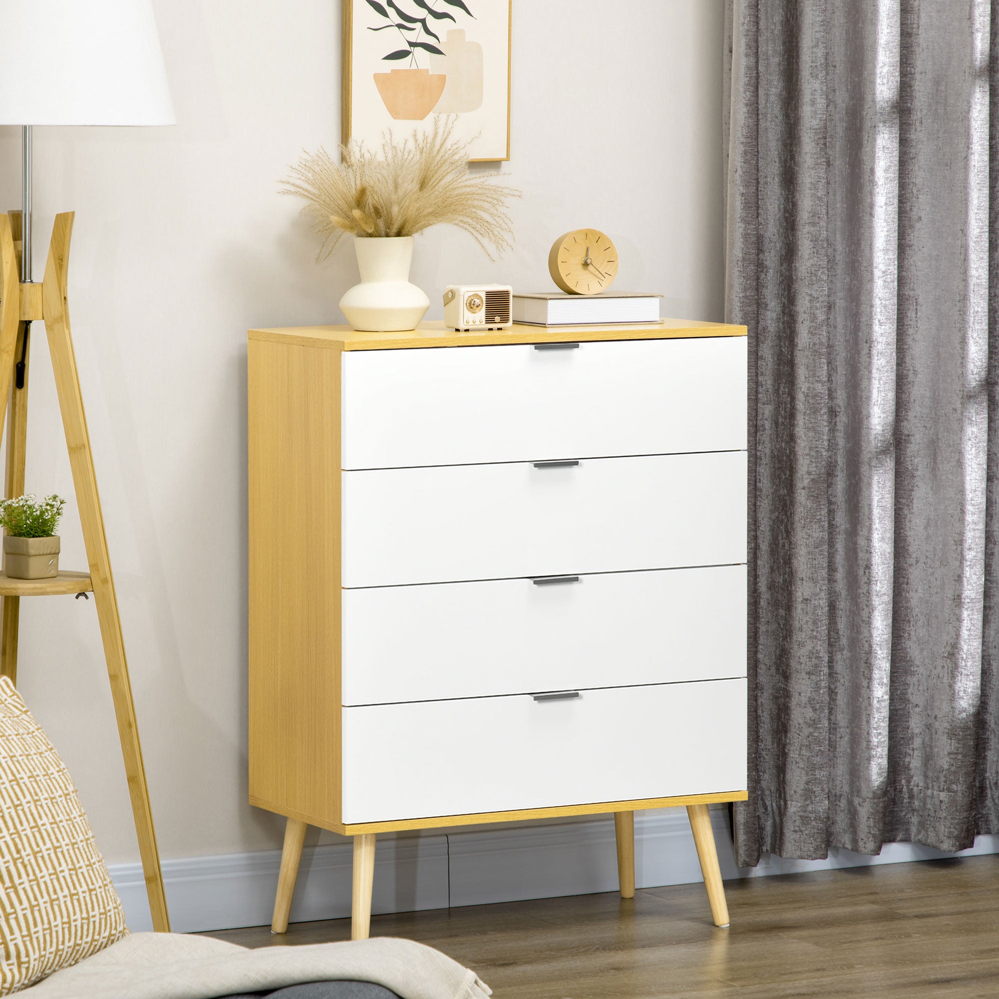 Chest of Drawers, 4-Drawer Storage Organiser Unit with Pine Wood Legs for Bedroom, Living Room, White and Natural
