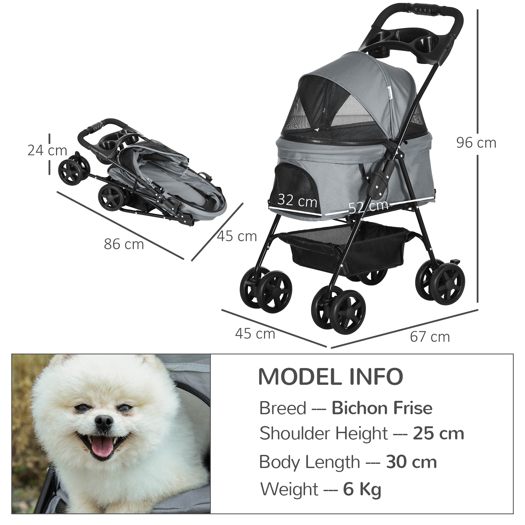 No-Zip Pet Stroller Dog Cat Travel Pushchair One-Click Fold Trolley Jogger with EVA Wheels Brake Basket Adjustable Canopy Safety Leash Grey