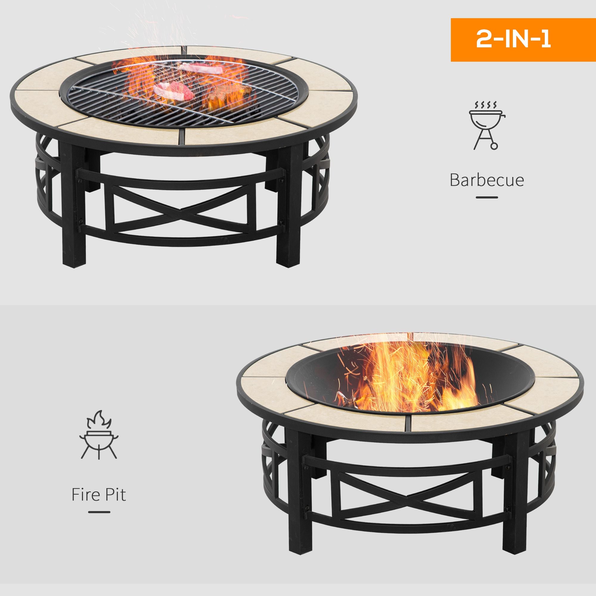 Metal Large Fire Pit, Outdoor Firepit Bowl with Grill, Spark Screen Cover, Fire Poker for Garden, Bonfire, Patio, 84 x 84 x 52cm, Black