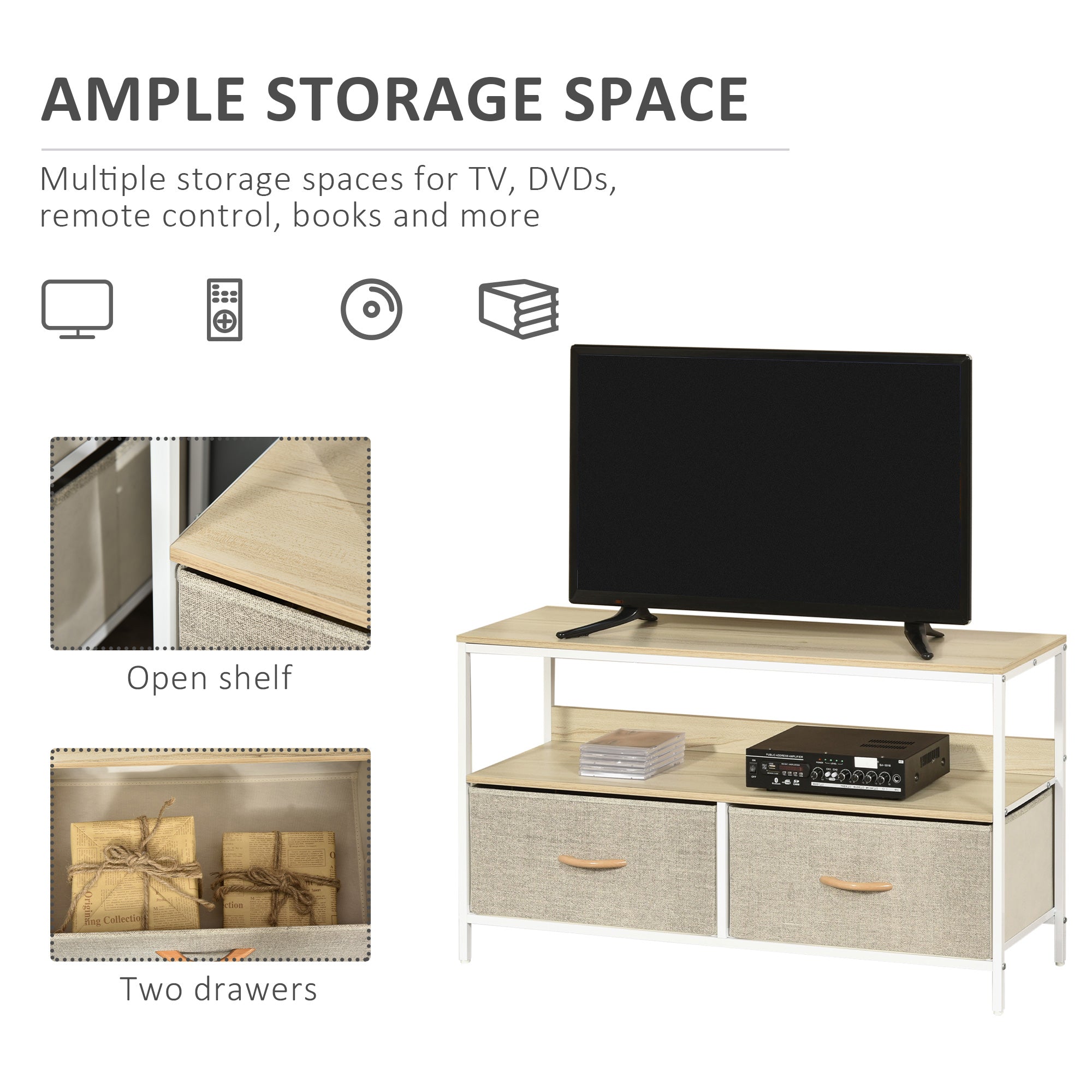 TV Cabinet, TV Console Unit with 2 Foldable Linen Drawers, TV Stand with Shelving for Living Room, Entertainment Room, Maple Wood Effect