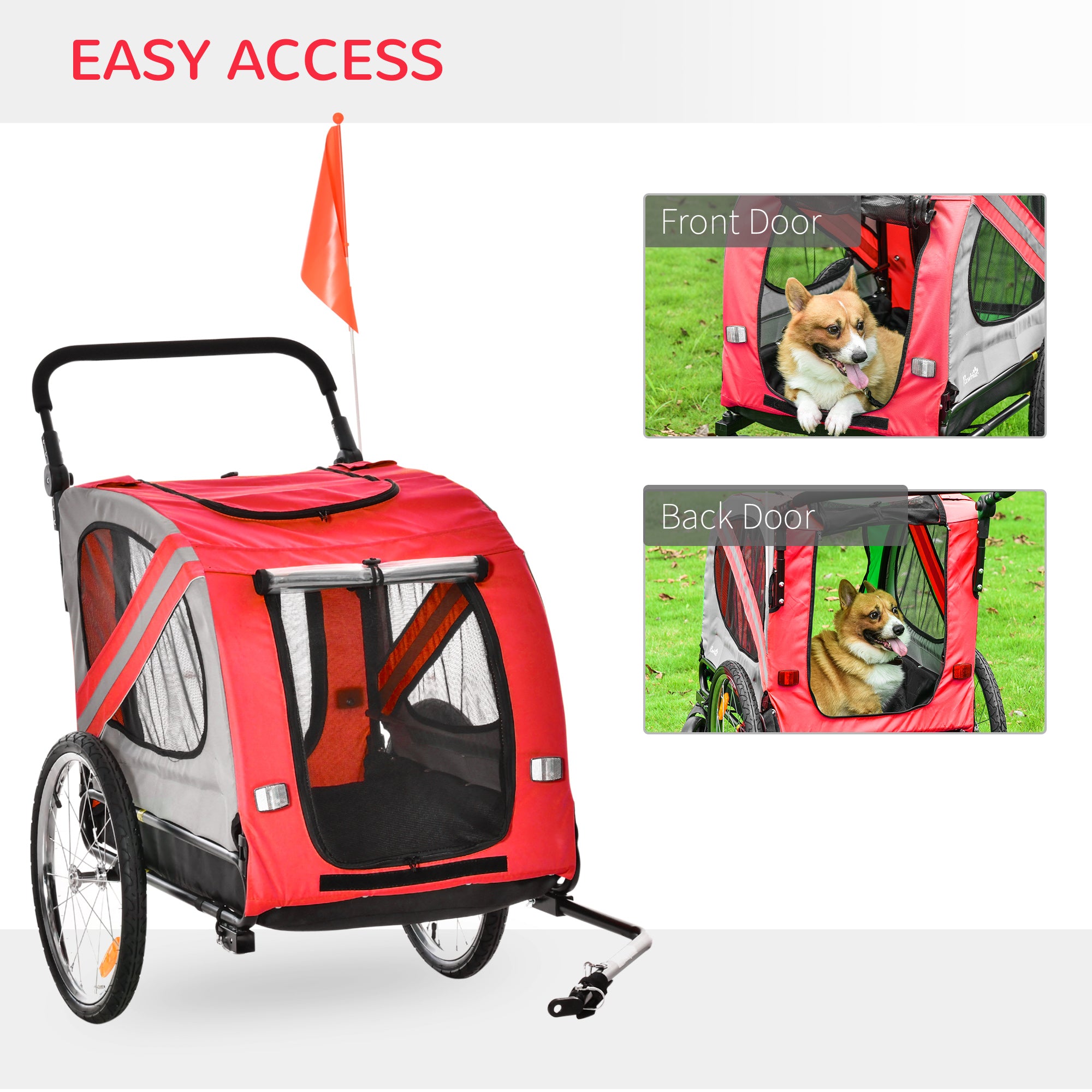 Dog Bike Trailer 2-in-1 Pet Stroller Cart Bicycle Carrier Attachment for Travel in steel frame with Universal Wheel Reflectors Flag Red