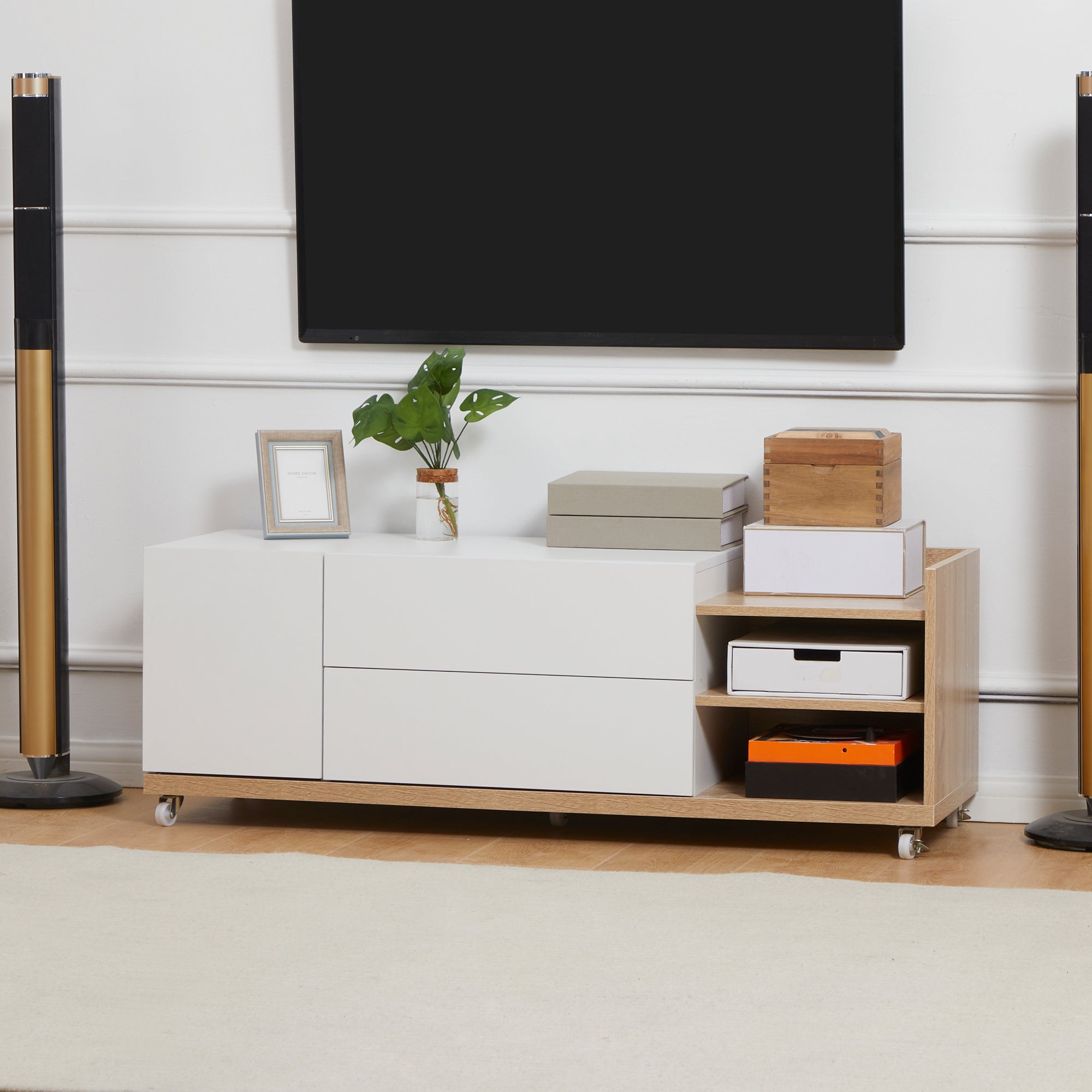 Modern TV Stand Unit for TVs up to 46" with Wheels, Storage Shelves and Drawers, 120cmx39cmx42cm, White and Natural
