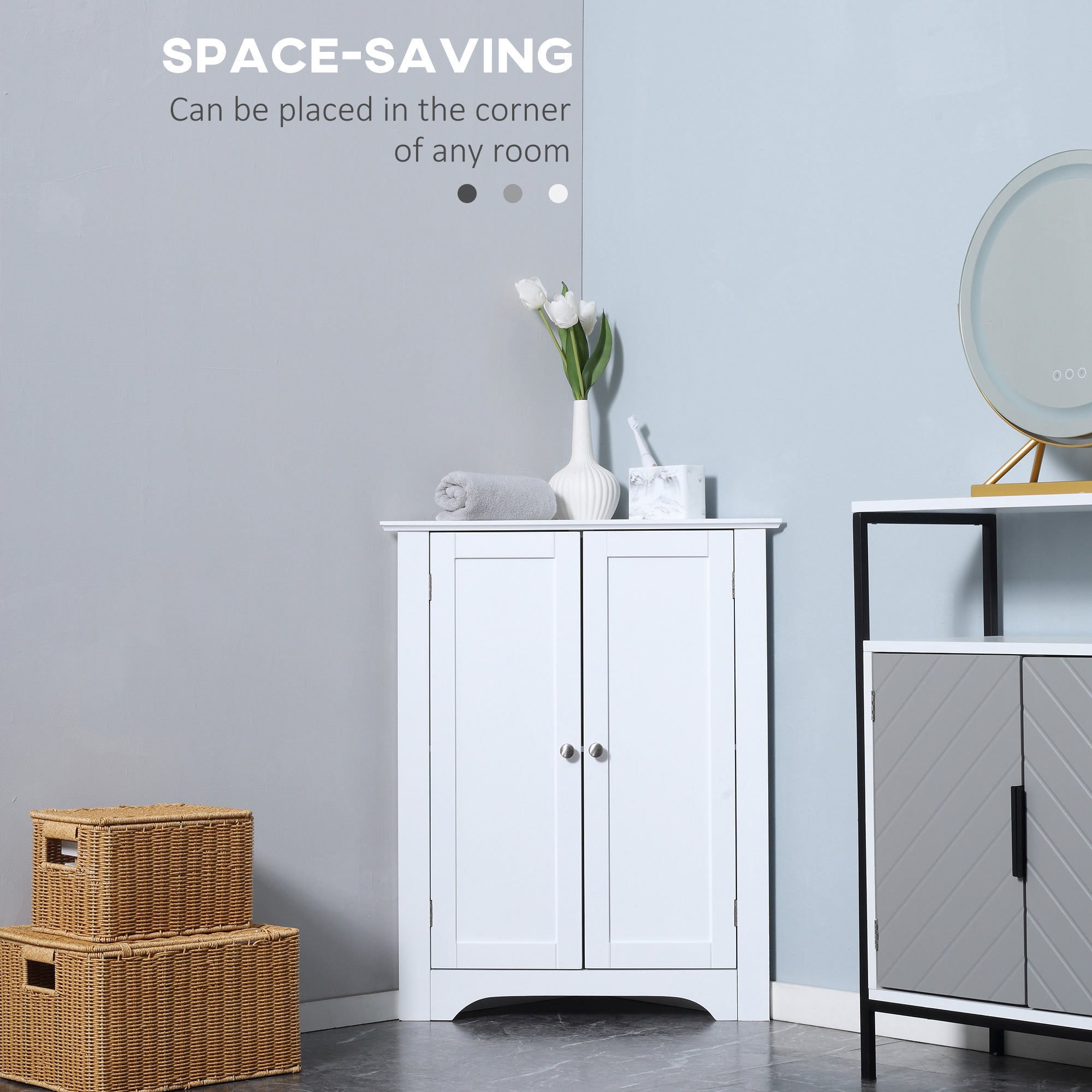 Triangle Bathroom Cabinet, Corner Bathroom Storage Unit with Adjustable Shelf and Recessed Door, Free Standing, White