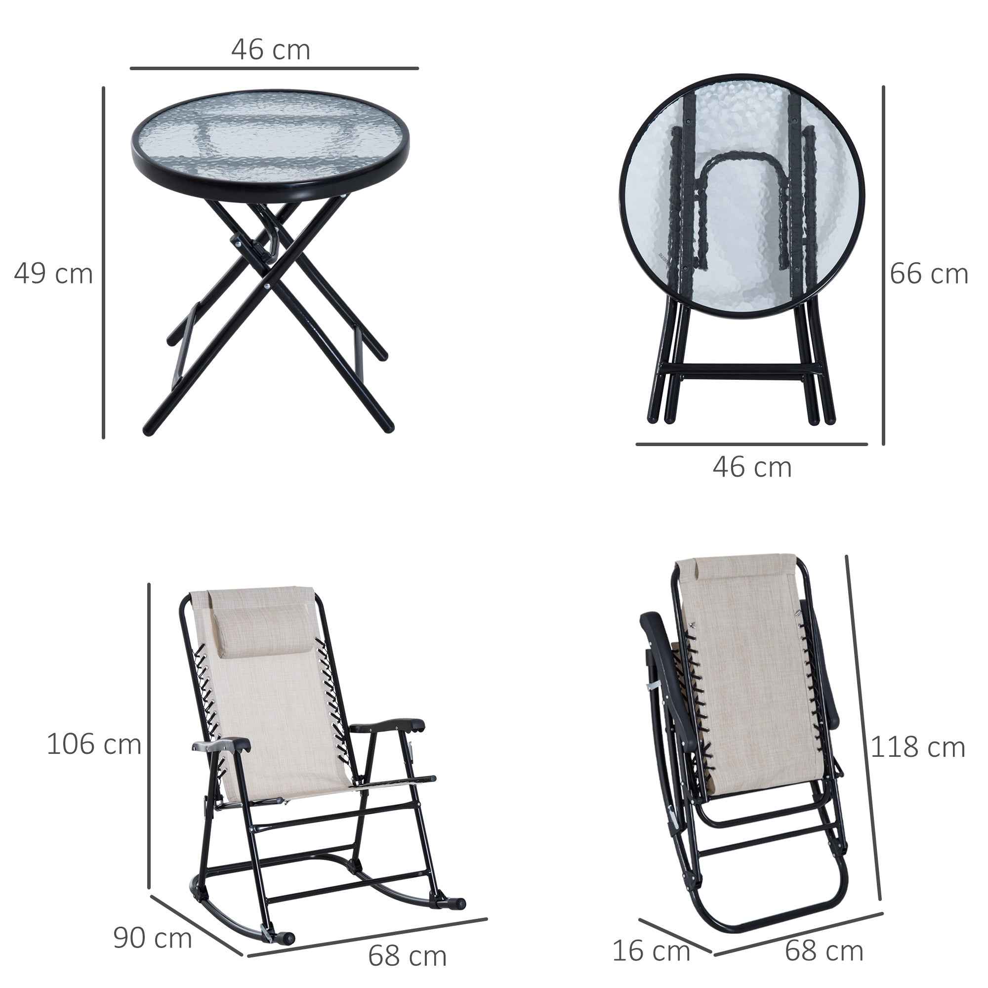 3 Piece Outdoor Rocking Set with 2 Folding Chairs and 1 Tempered Glass Table, Patio Bistro Set for Garden, Deck, Beige