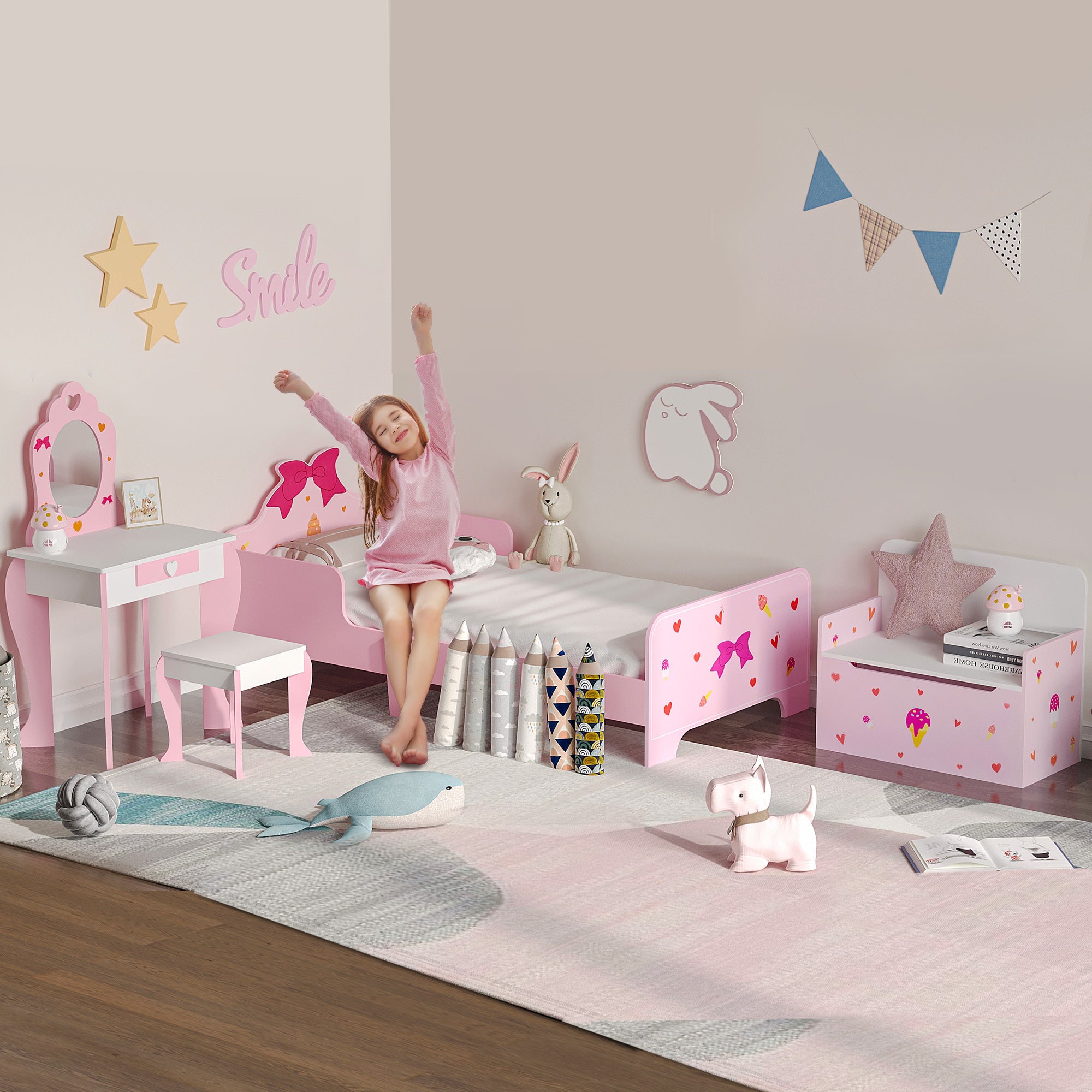 4PCs Kids Bedroom Furniture Set with Bed, Toy Box Bench, Dressing Table and Stool, Princess Themed, for 3-6 Years Old, Pink