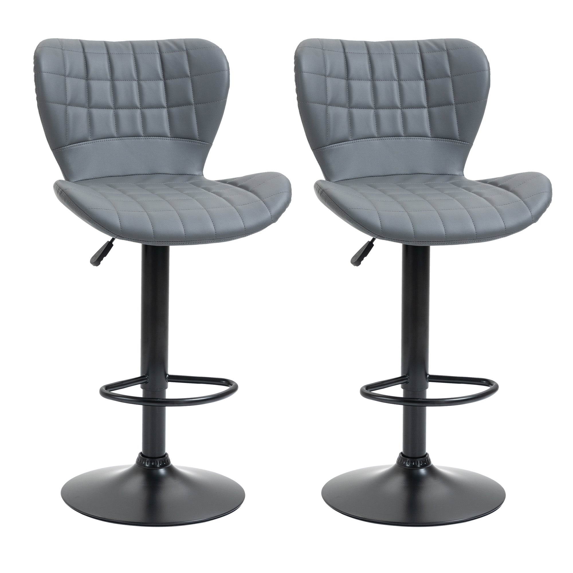 Bar Stools Set of 2 Adjustable Height Swivel Bar Chairs in PU Leather with Backrest & Footrest, Grey