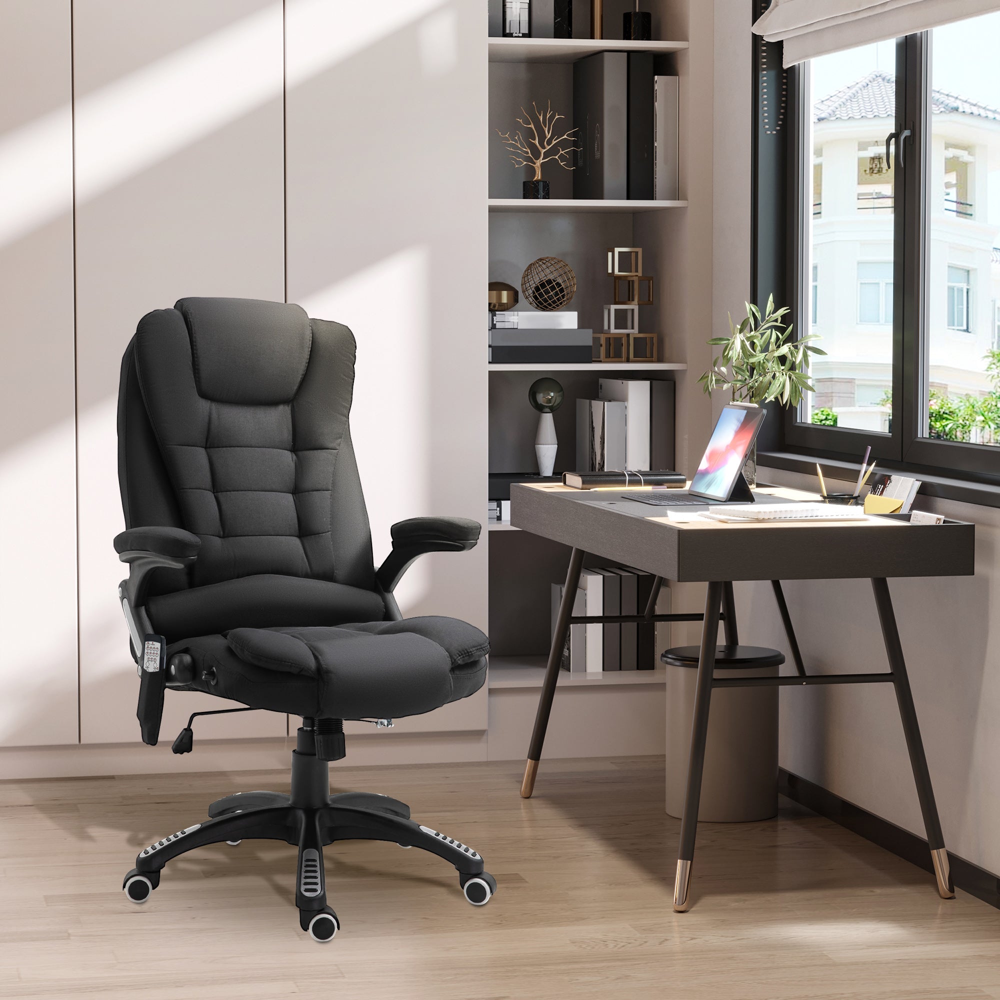 Massage Recliner Chair Heated Office Chair with Six Massage Points Linen-Feel Fabric 360° Swivel Wheels Black