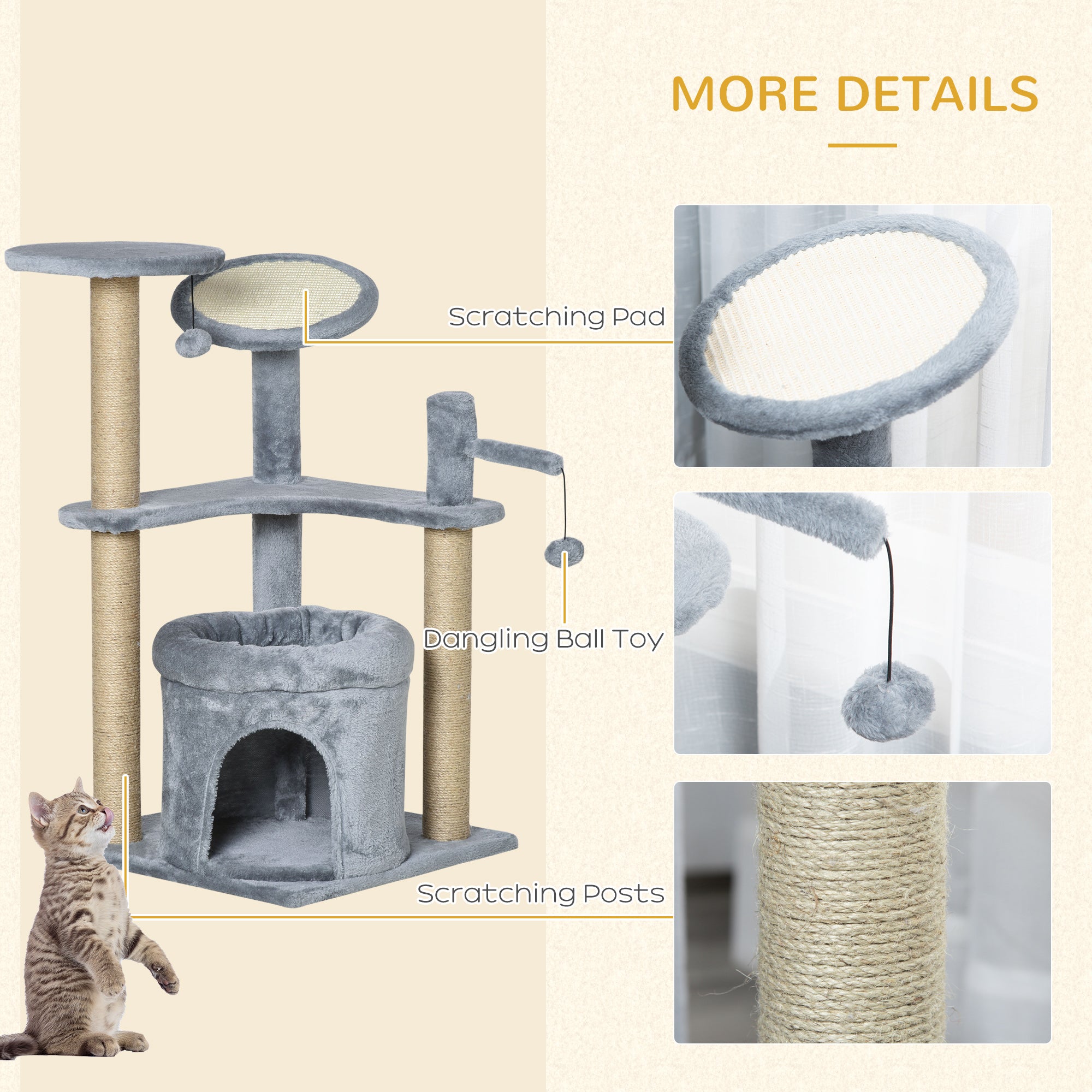 Cat Tree Tower Kitten Activity Center Scratching Post with Condo Bed Scratcher Perch Ball Toy Grey