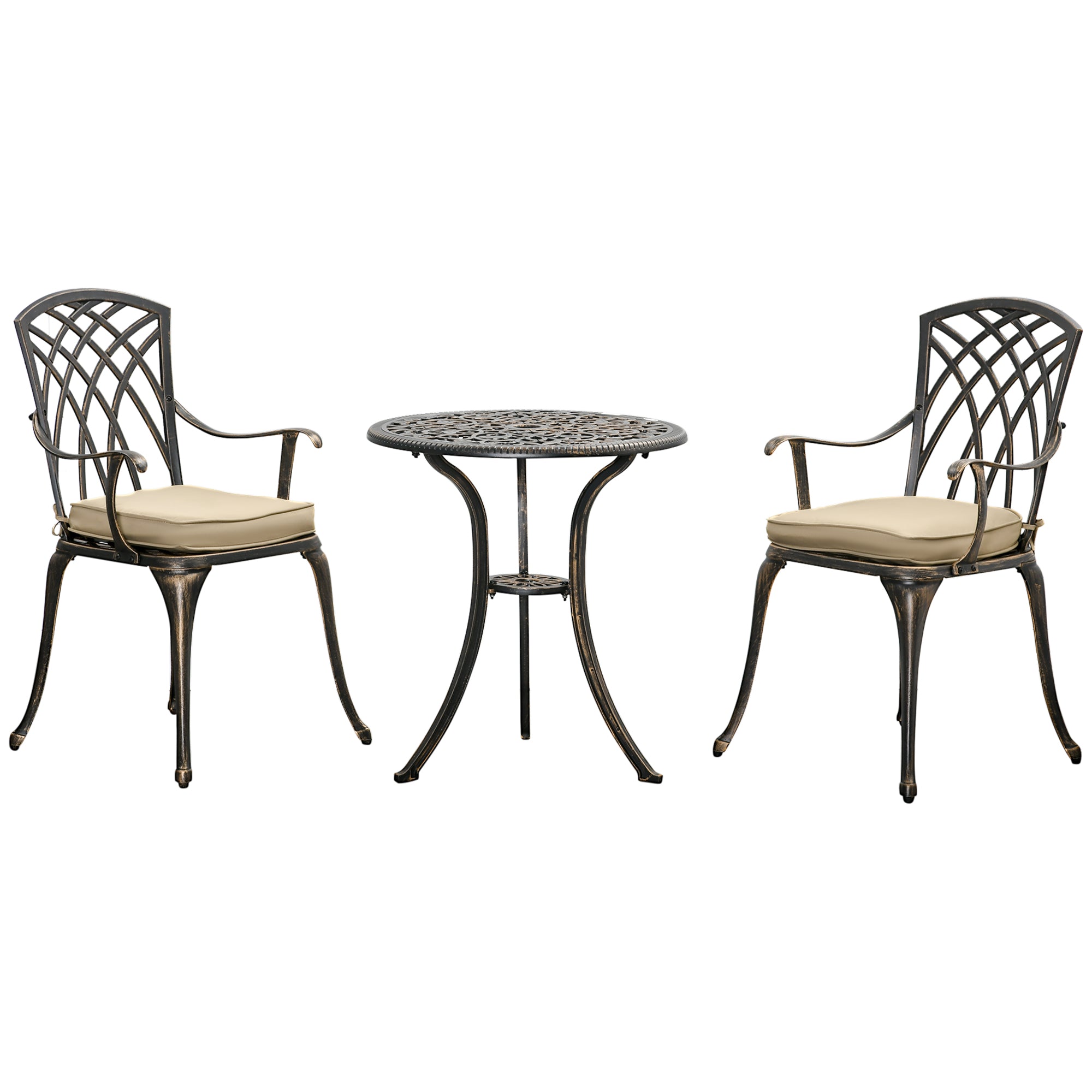 3 Piece Cast Aluminium Garden Bistro Set for 2 with Parasol Hole, Outdoor Coffee Table Set with Cushions - Bronze