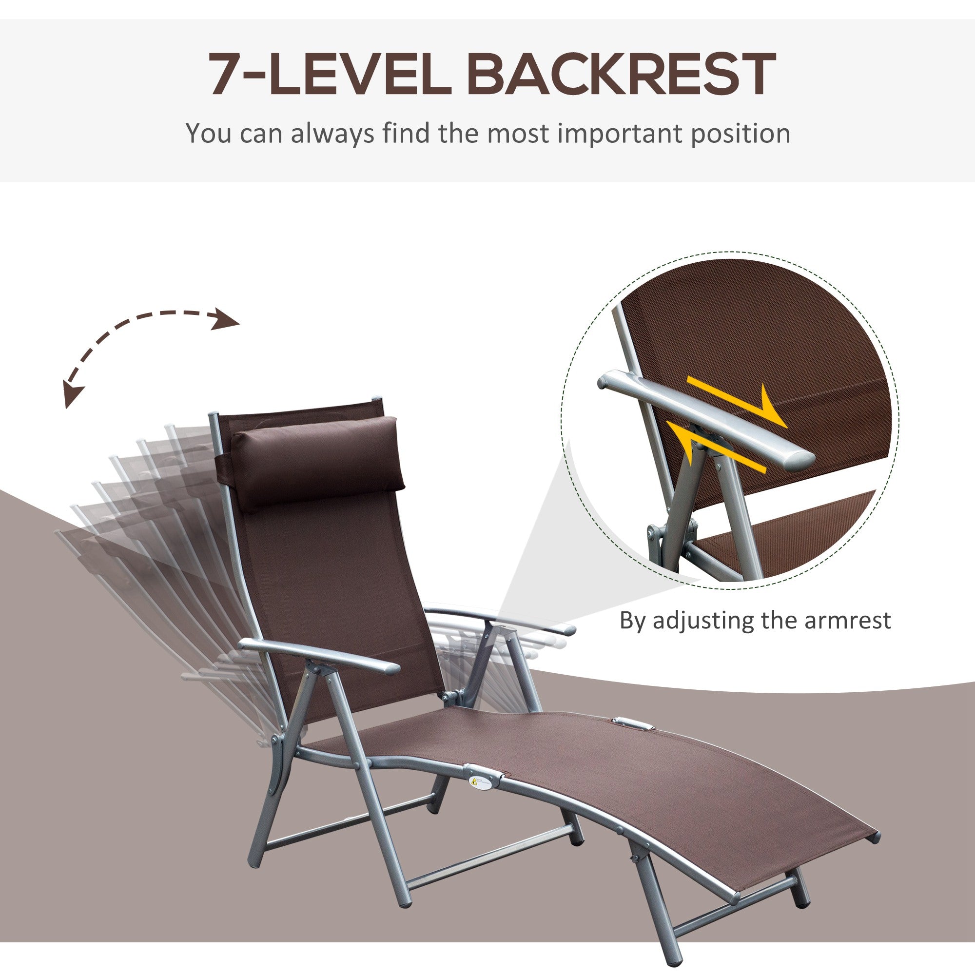 Patio Sun Lounger Garden Texteline Foldable Reclining Chair w/ Pillow Outdoor Adjustable Recliner (Brown)