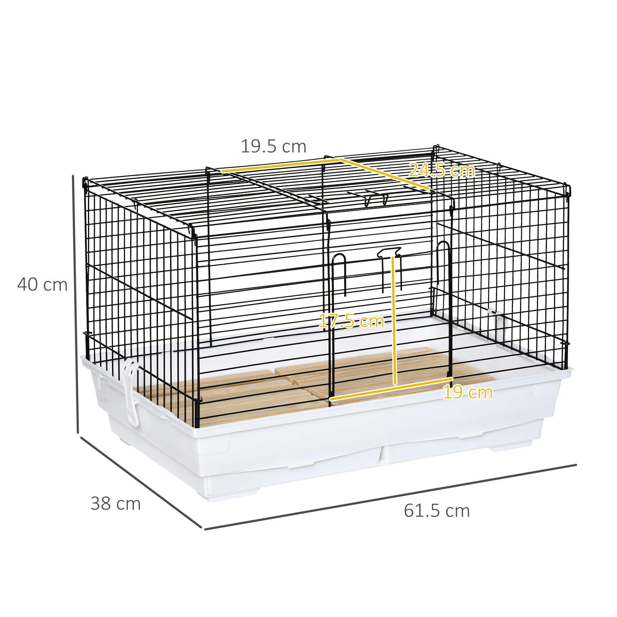 Indoor Small Animal Cage with Wood Floor, Bunny Guinea Pig House with Removable Tray, 61.5 x 38 x 40 cm, White