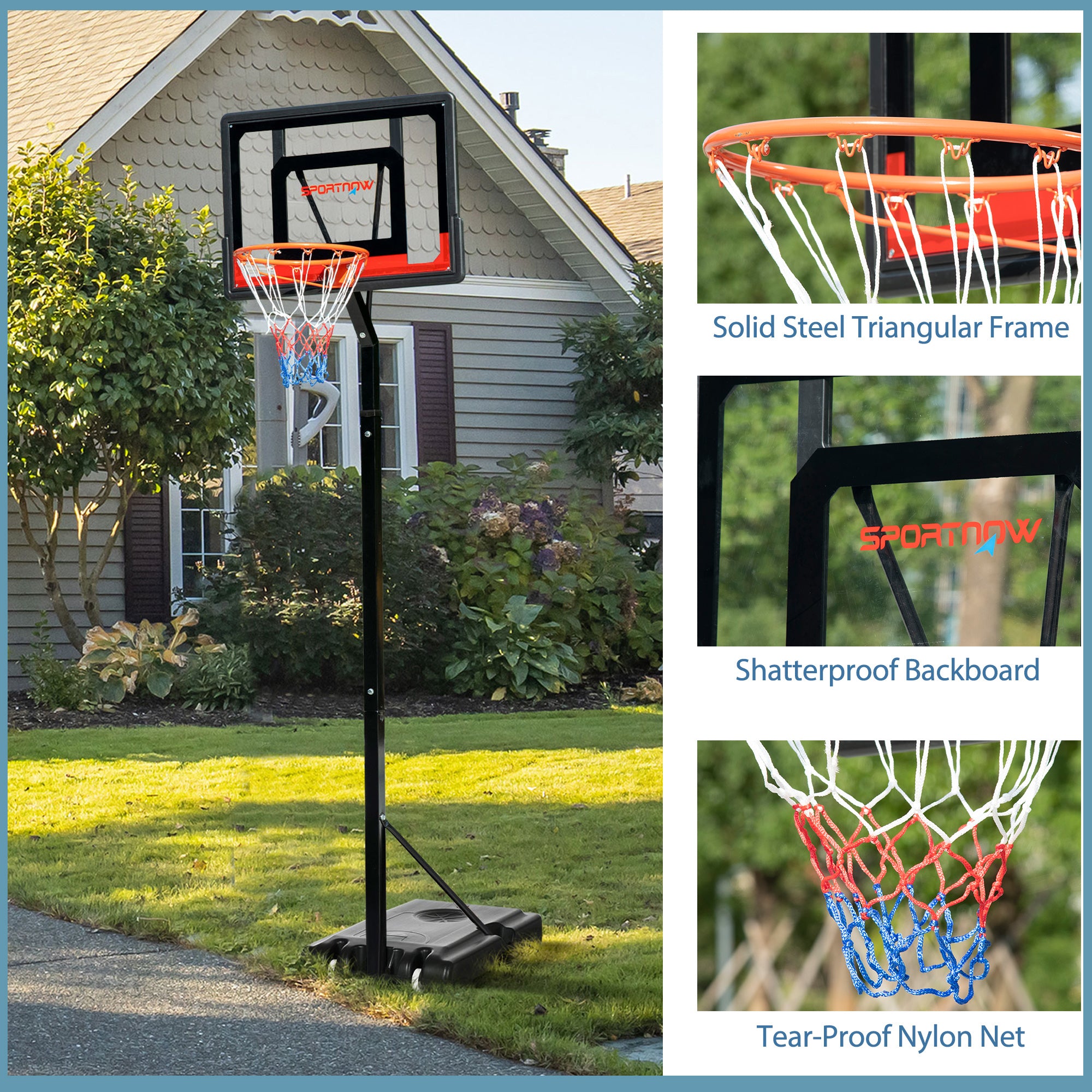 Adjustable 2.1-2.6m Basketball Hoop and Stand with Weighted Base and Wheels - Black Red Orange
