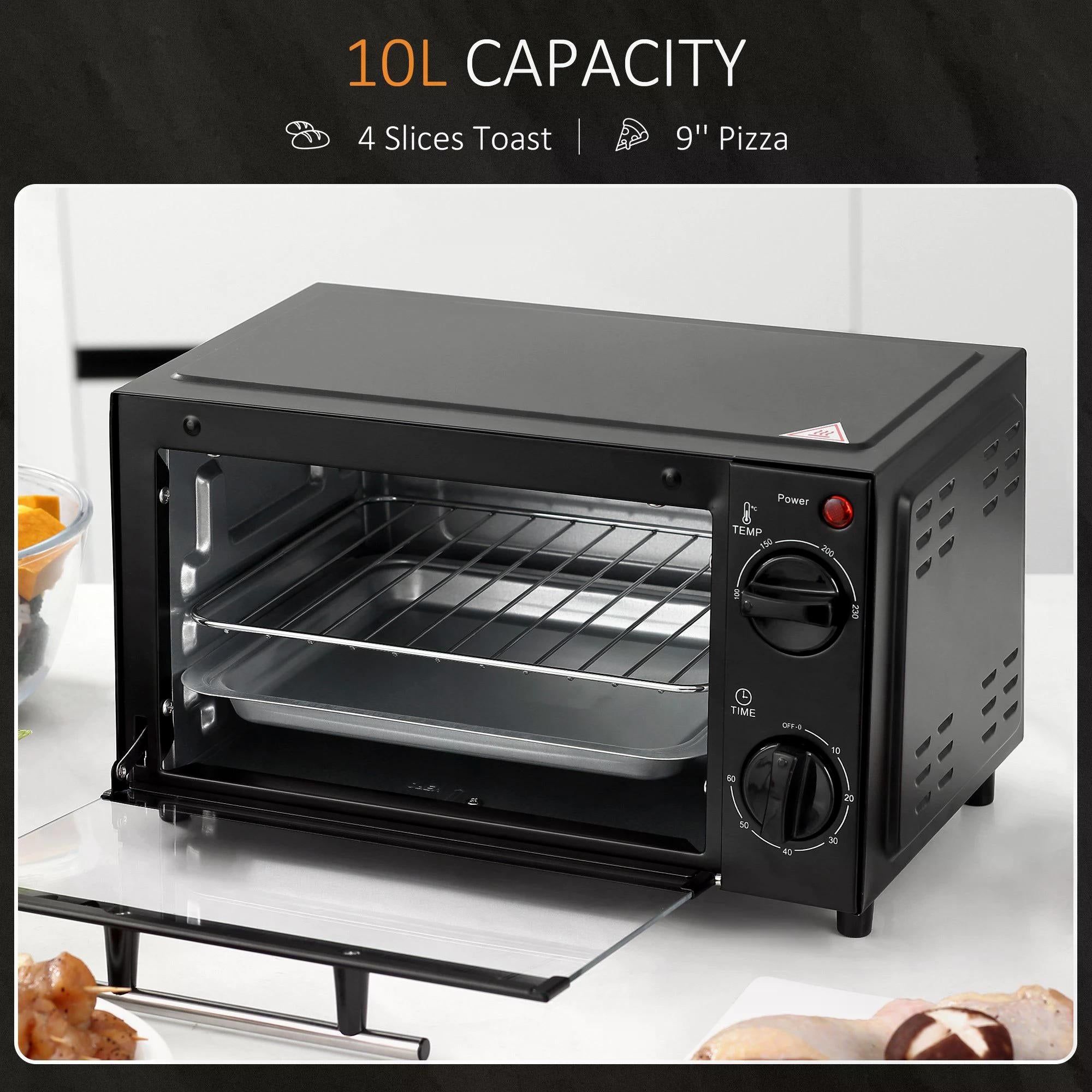 Convection Mini Oven, 9L Countertop Electric Grill, Toaster Oven with Adjustable Temperature, Timer, Baking Tray and Wire Rack, 750W