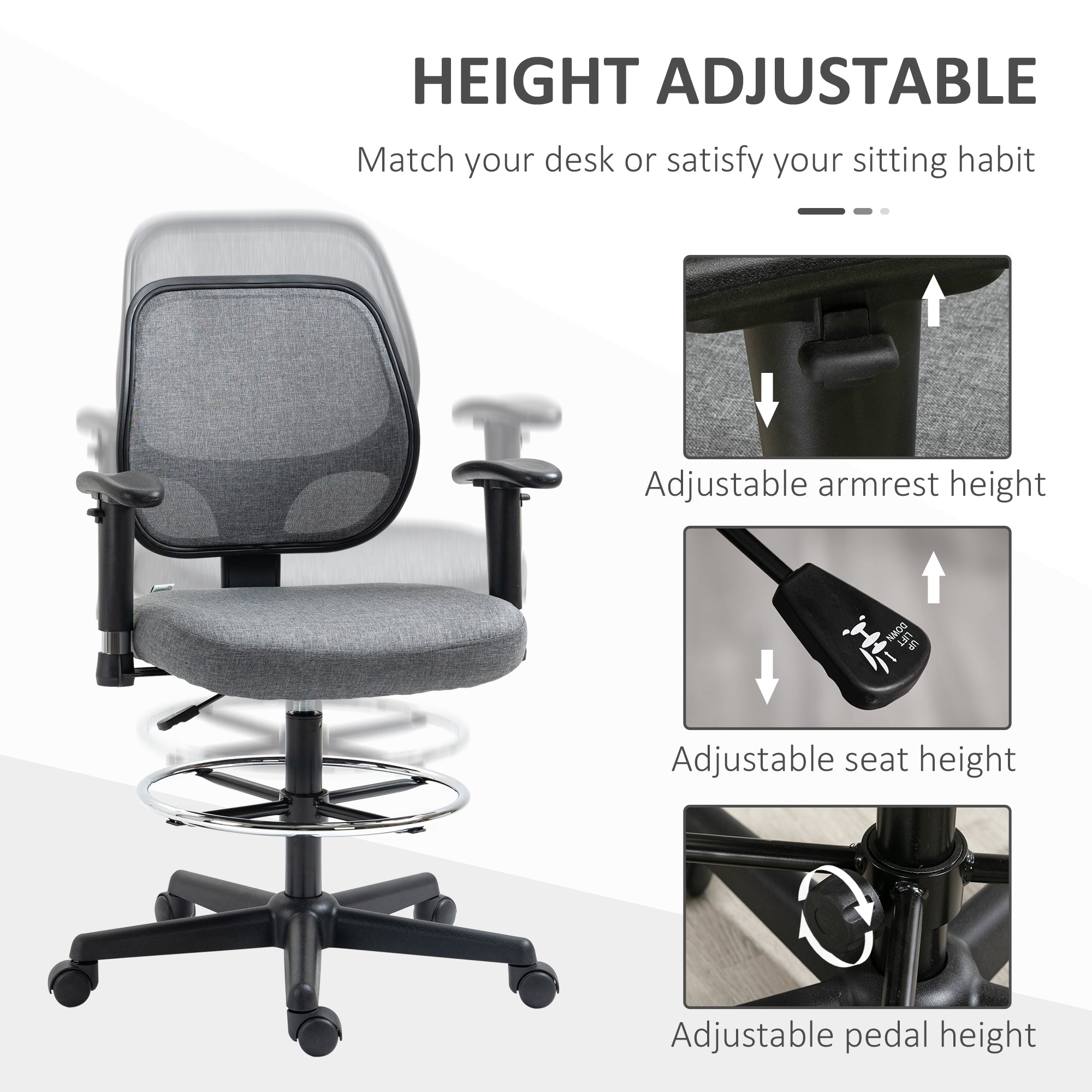 Drafting Chair Tall Office Fabric Standing Desk Chair with Adjustable Footrest Ring, Arm, Swivel Wheels, Grey