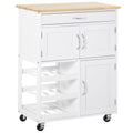 Modern Kitchen Trolley with Drawer, 9-Bottle Wine Rack & Door Cabinets, Wooden Countertop - White