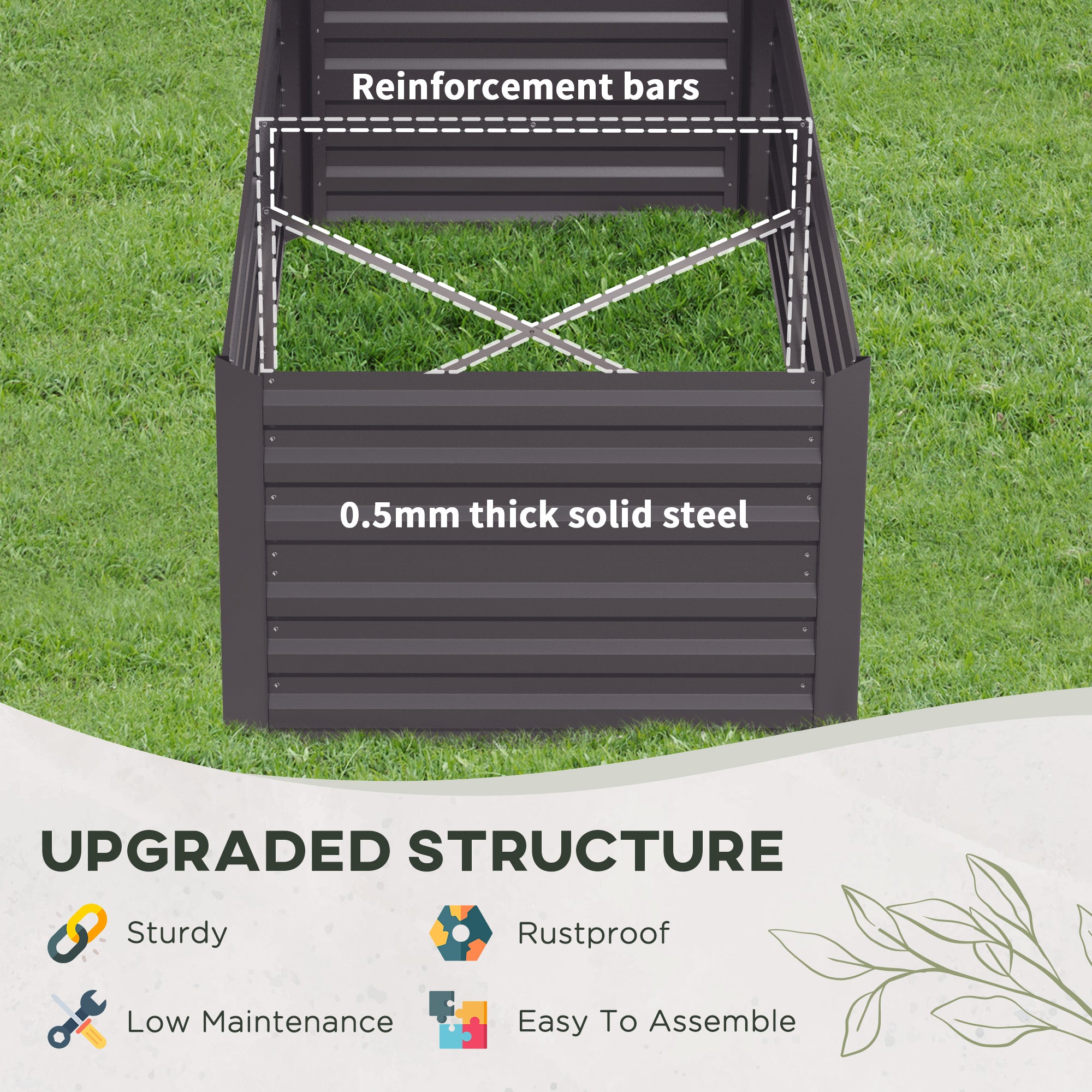 Raised Beds for Garden, Galvanised Steel Outdoor Planters with Multi-reinforced Rods, 180 x 90 x 59 cm, Dark Grey