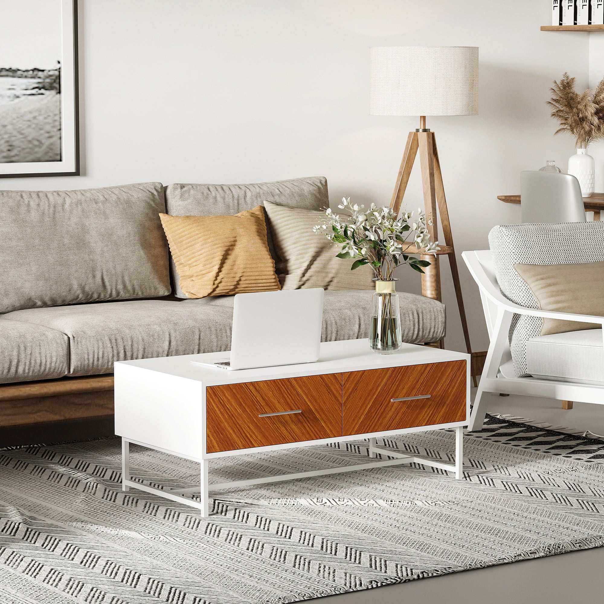Modern Coffee Table, Rectangular Cocktail Table with Drawers and Open Storage Compartment, Metal Legs for Living Room