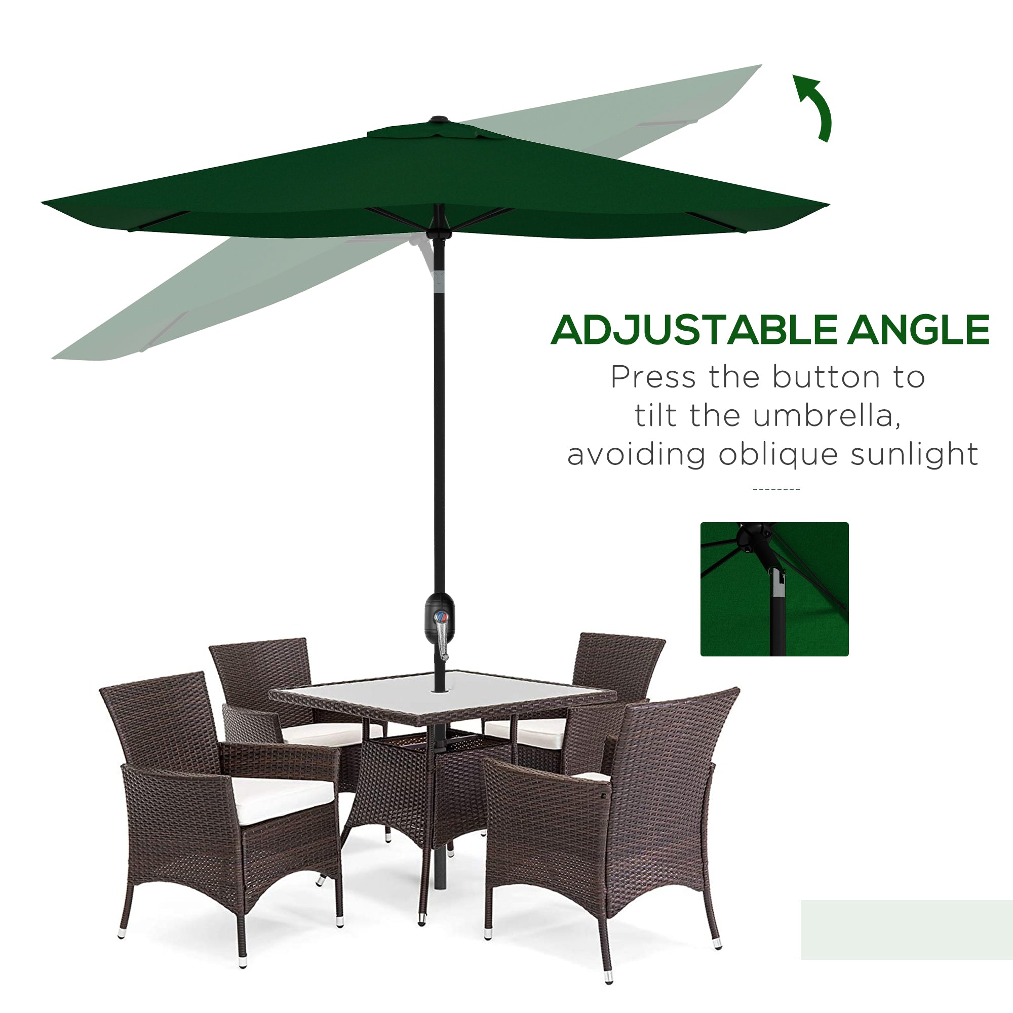 Rectangular Outdoor Parasol Market Umbrella with Crank & Push Button Tilt, 6 Ribs, Aluminium Pole, 2 x 3(m), Green